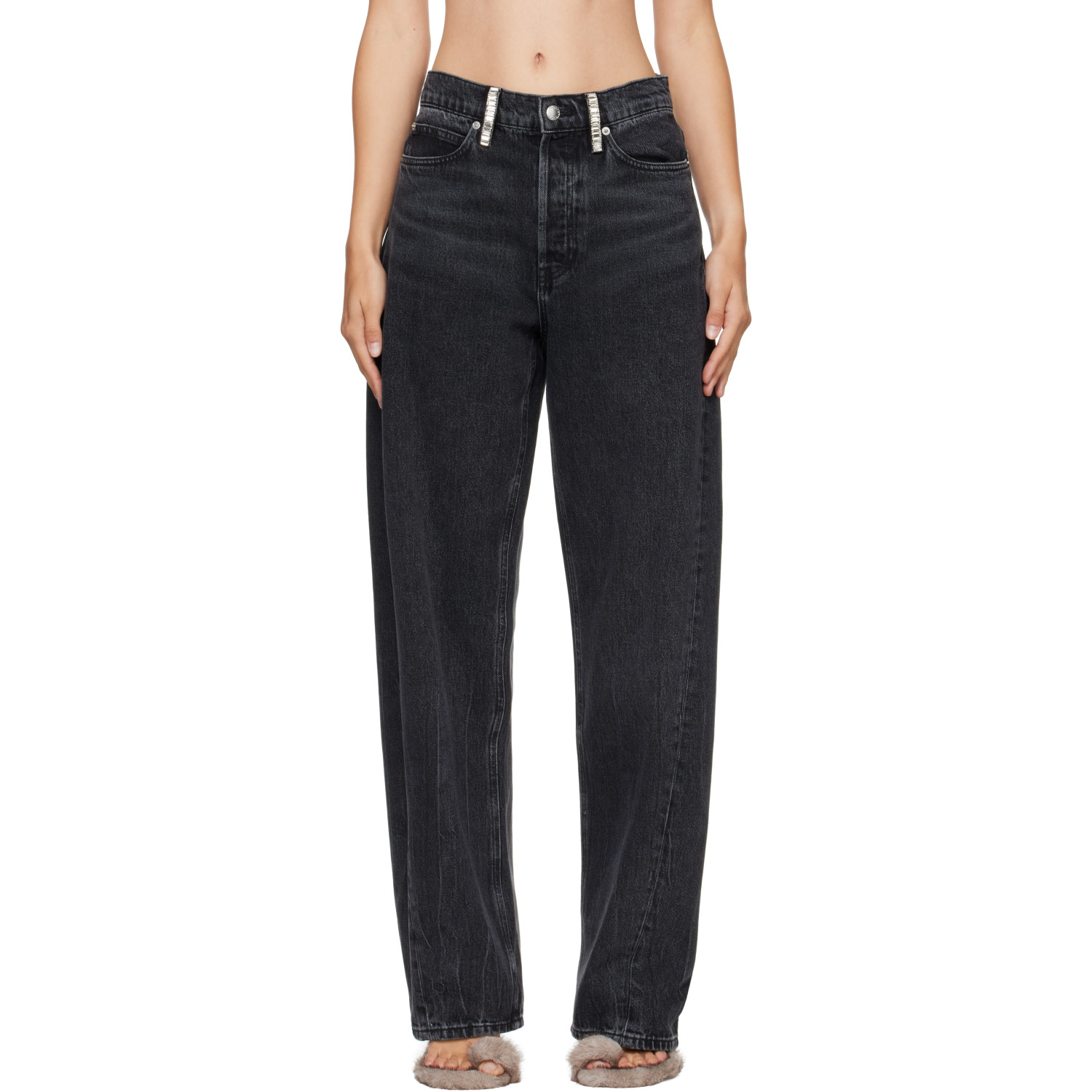 Alexander Wang Black Crystal Hotfix Belt Loop Mid-Rise Relaxed Jeans