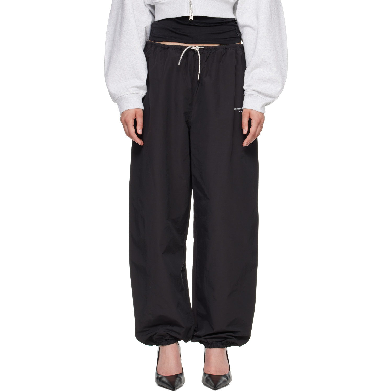 Alexander Wang Black Rhinestone Drawcord Mid-Rise Track Pants