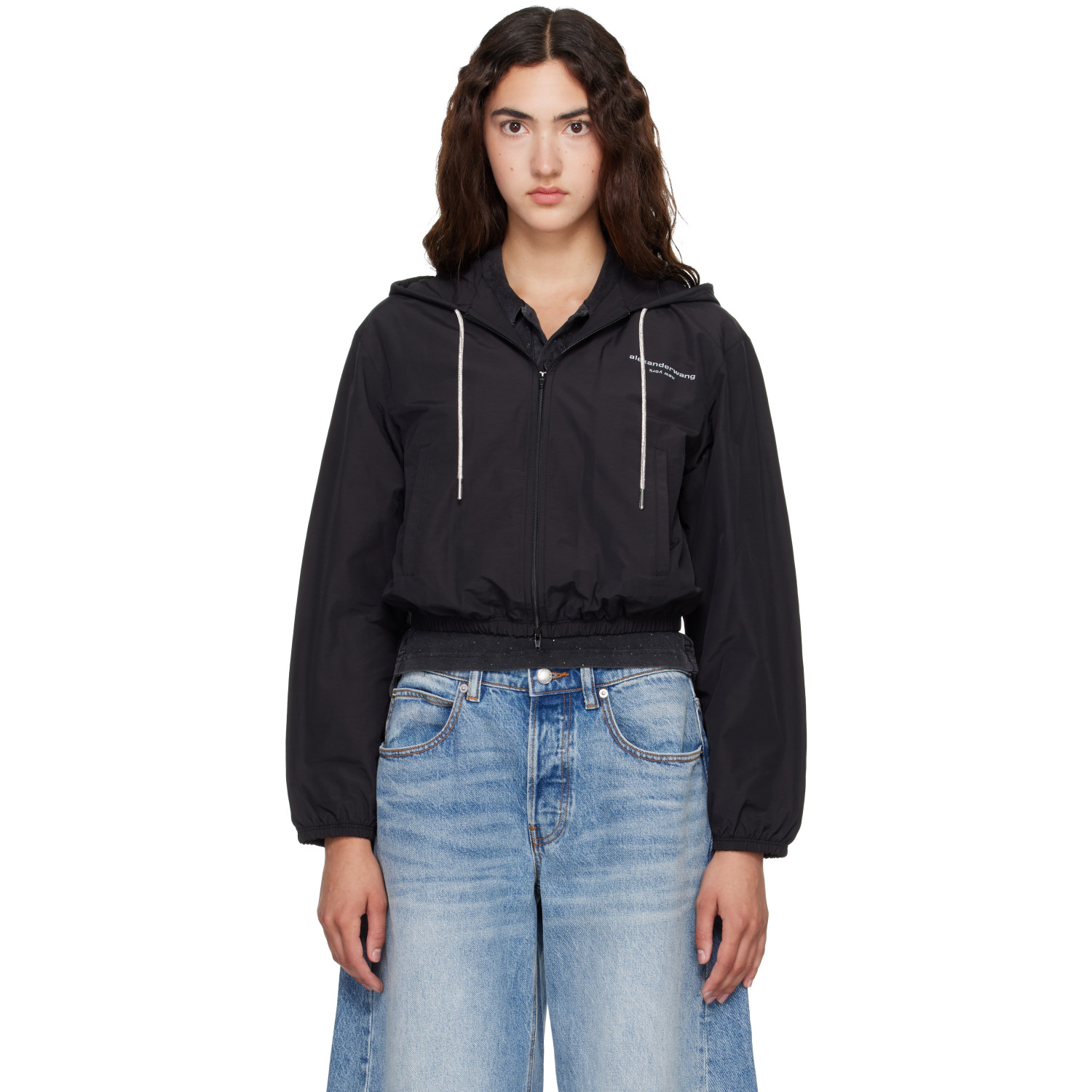 Alexander Wang Black Crystal Hotfix Drawcord Cropped Zip-Up Hoodie