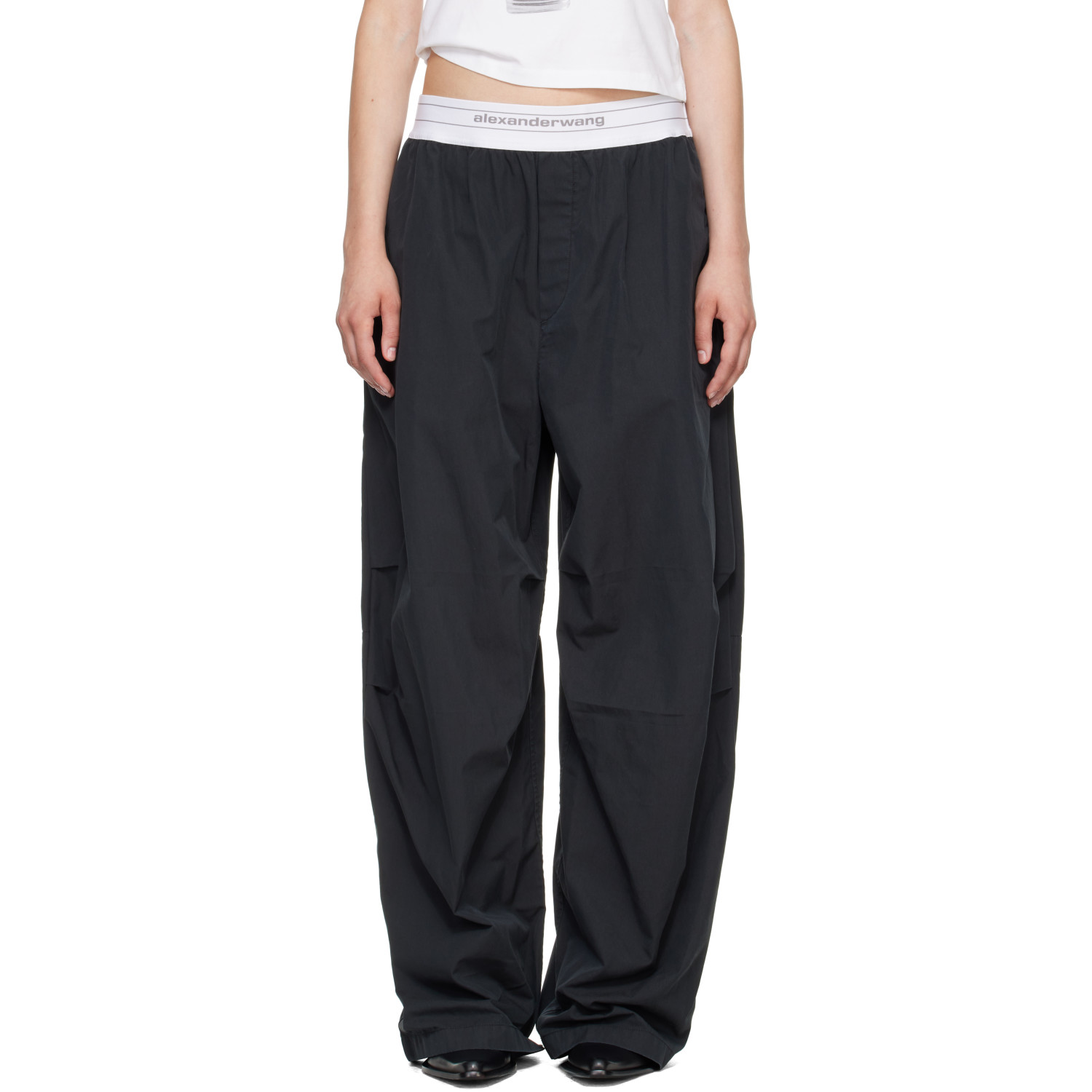 Alexander Wang Black Mid-Rise Pleated Wide-Leg Lounge Pants