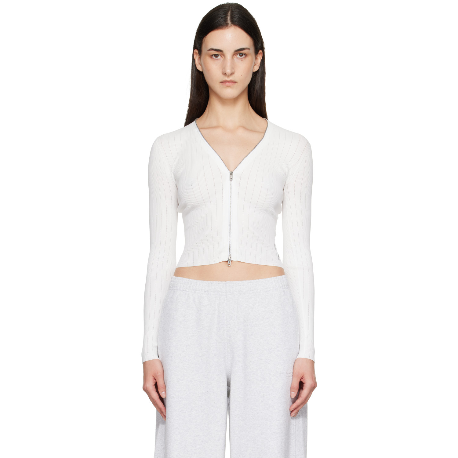 Alexander Wang White V-Neck Long Sleeve Pointelle Zip Cardigan
