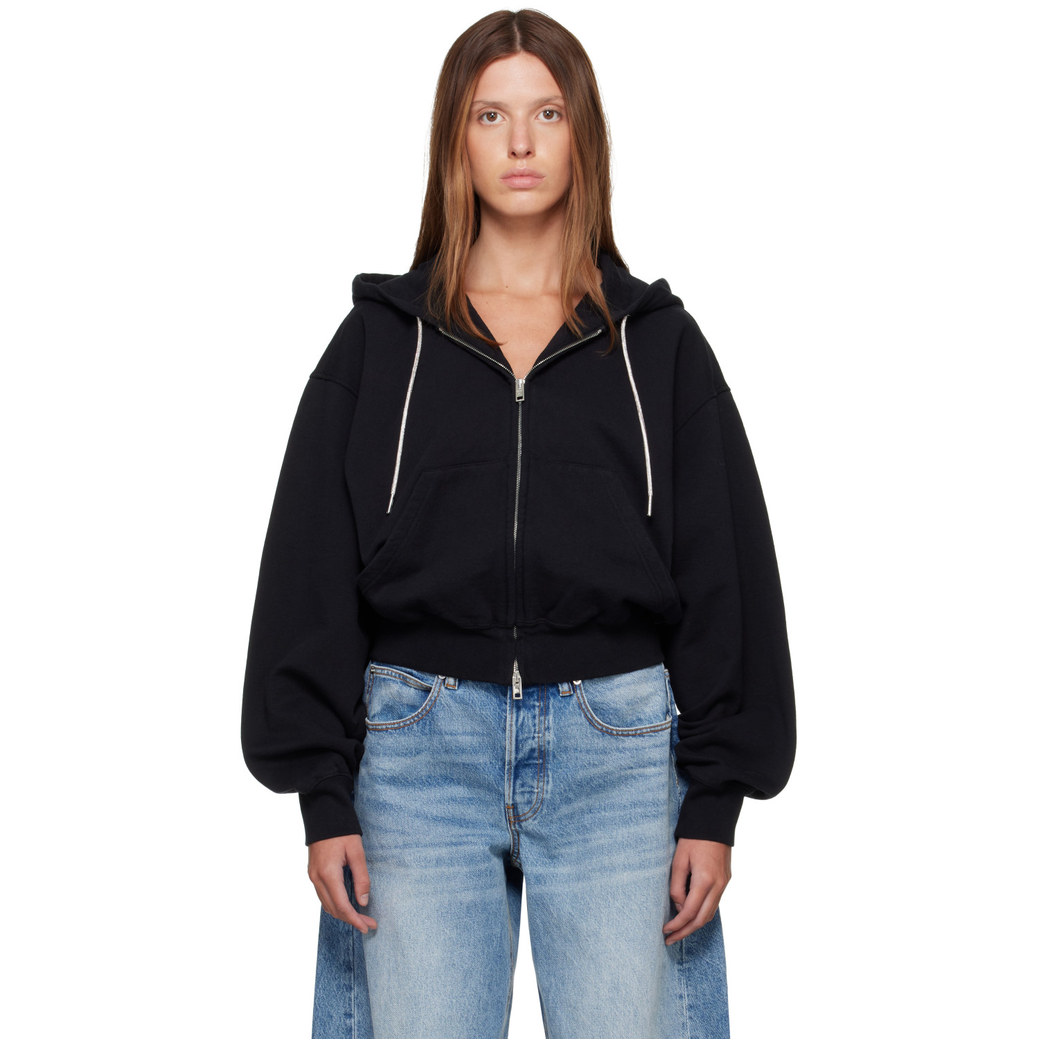 Alexander Wang Black Rhinestone Drawcord Zip-Up Hoodie