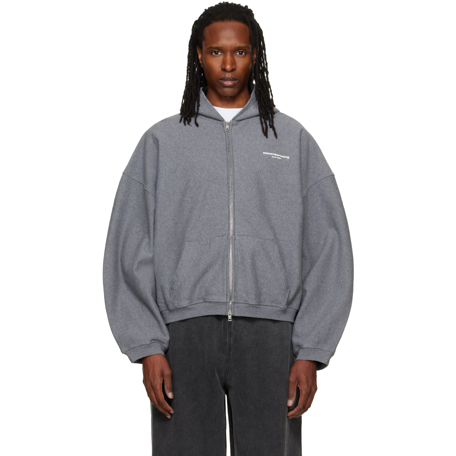 Alexander Wang Gray Logo Print Oversized Zip Up Hoodie