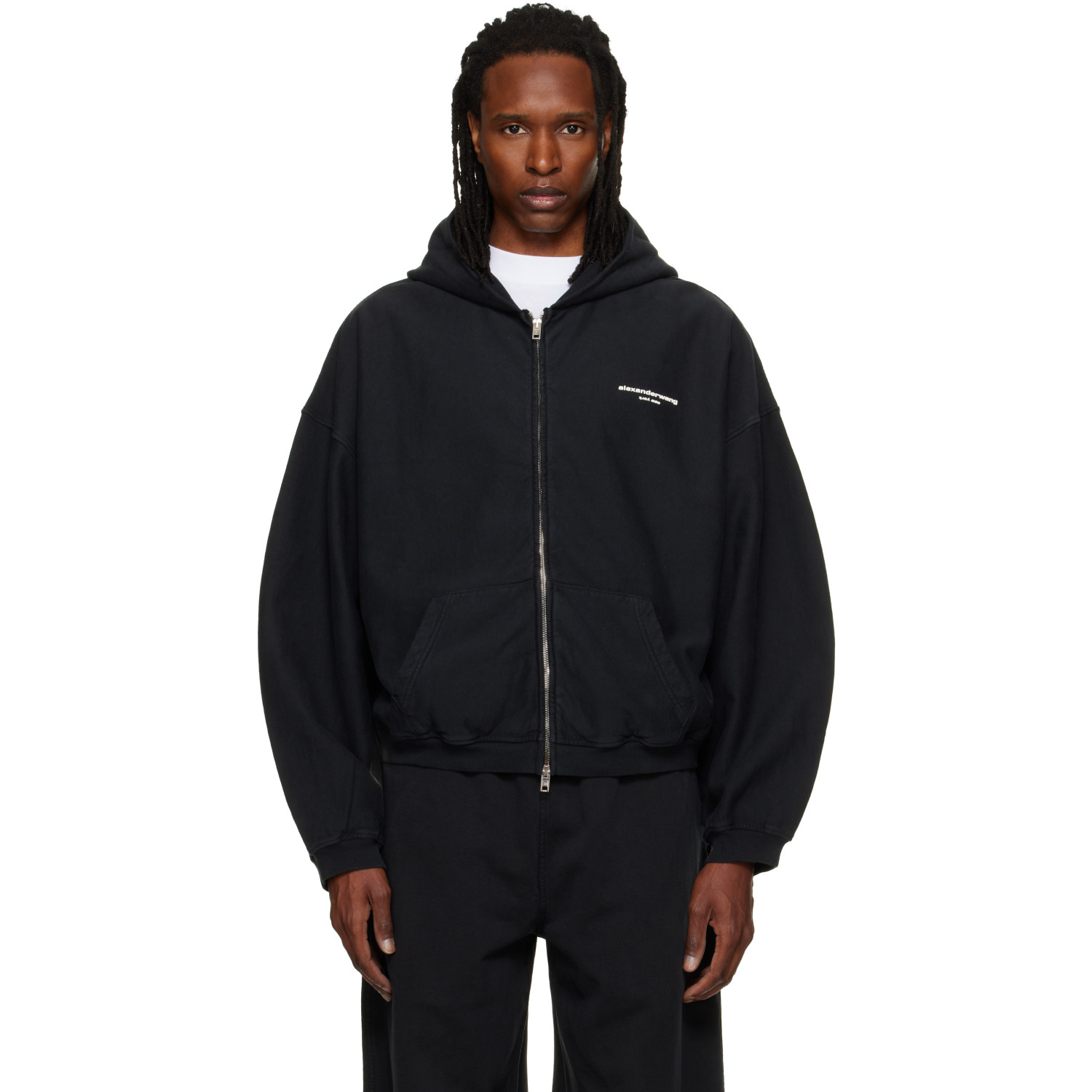Alexander Wang Black Logo Print Oversized Zip Up Hoodie