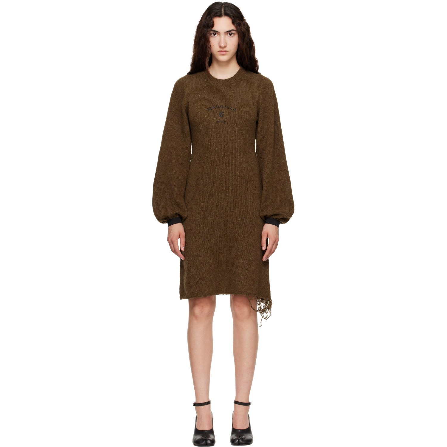 MM6 Maison Margiela Khaki Frayed Knit Midi Dress