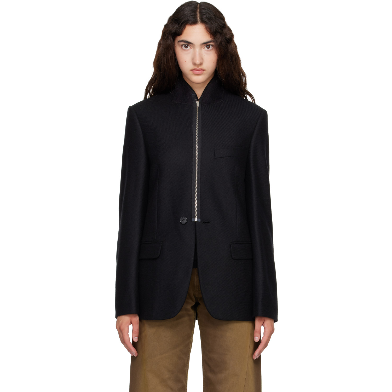 MM6 Maison Margiela Black Flannel Zip-Front Suit Blazer