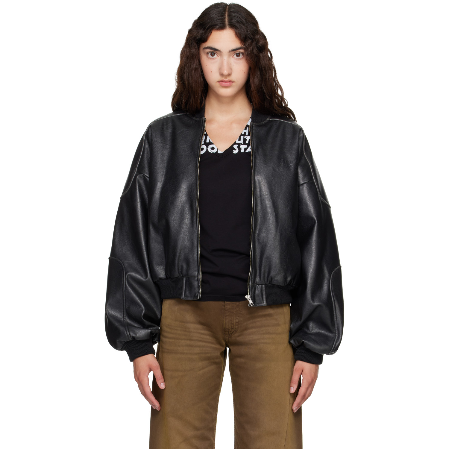 MM6 Maison Margiela Black Rib-Knit Trim Faux-Leather Bomber Jacket