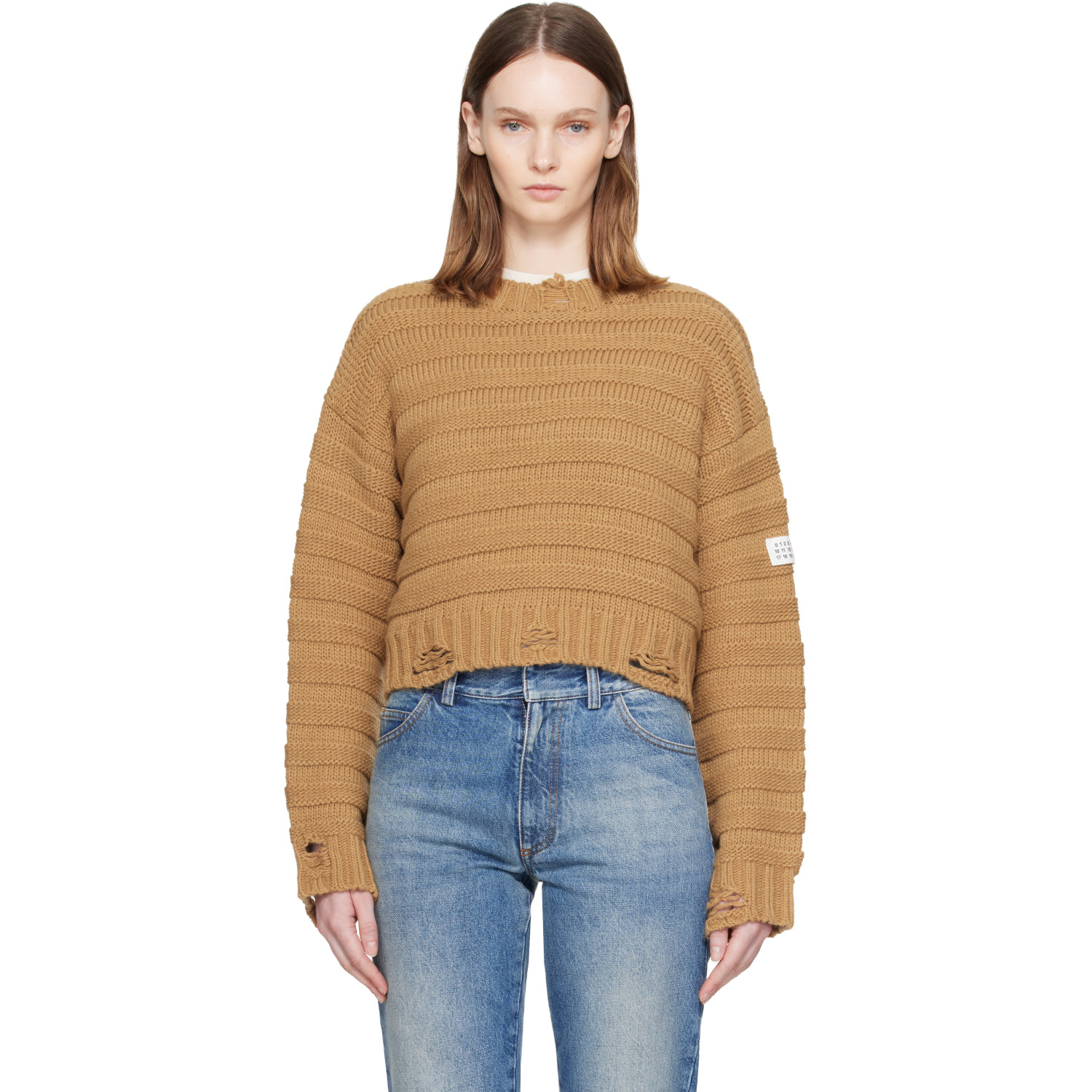 MM6 Maison Margiela Beige Ribbed Horizontal Links Crewneck