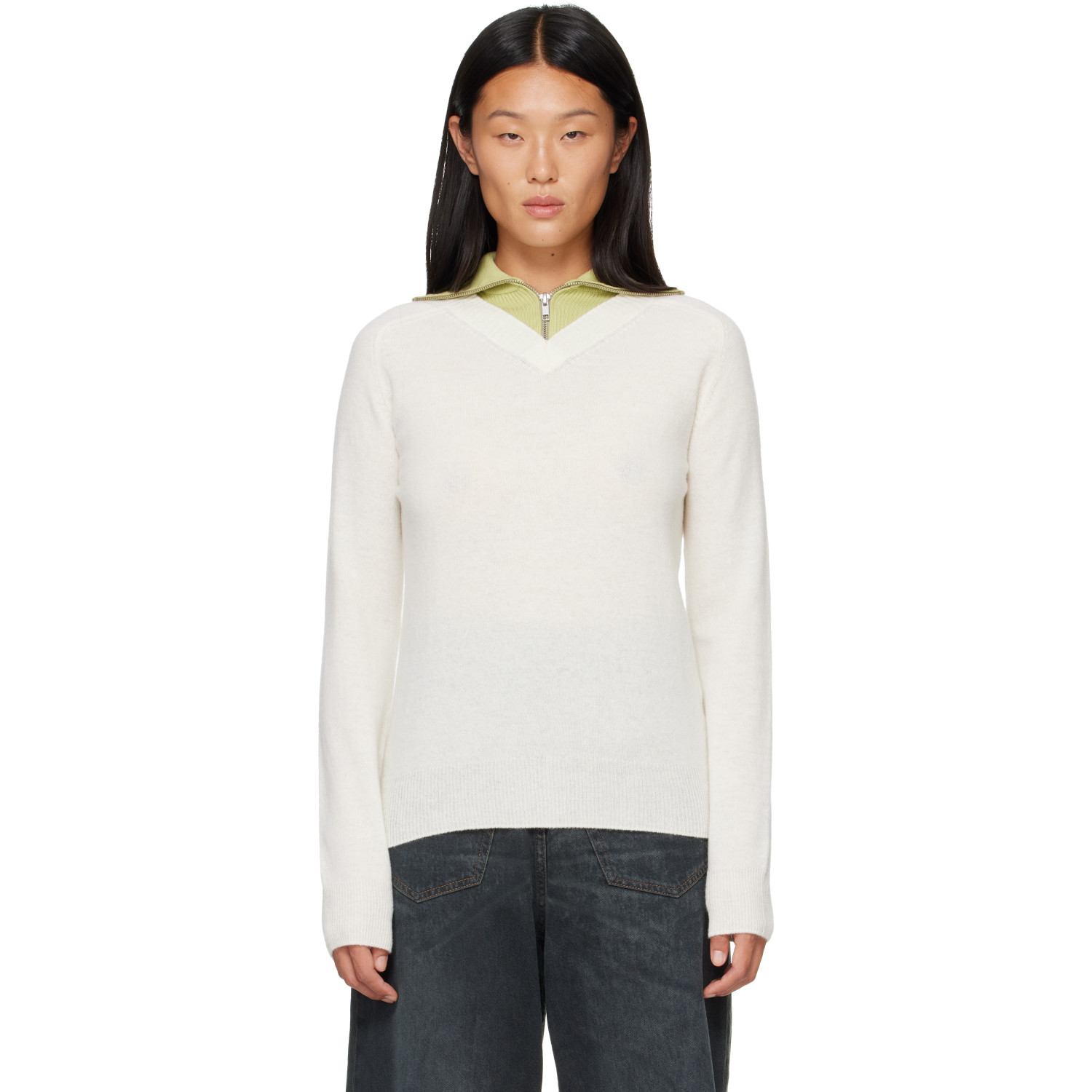 MM6 Maison Margiela Off-White & Green Layered Neckline Pullover Sweater