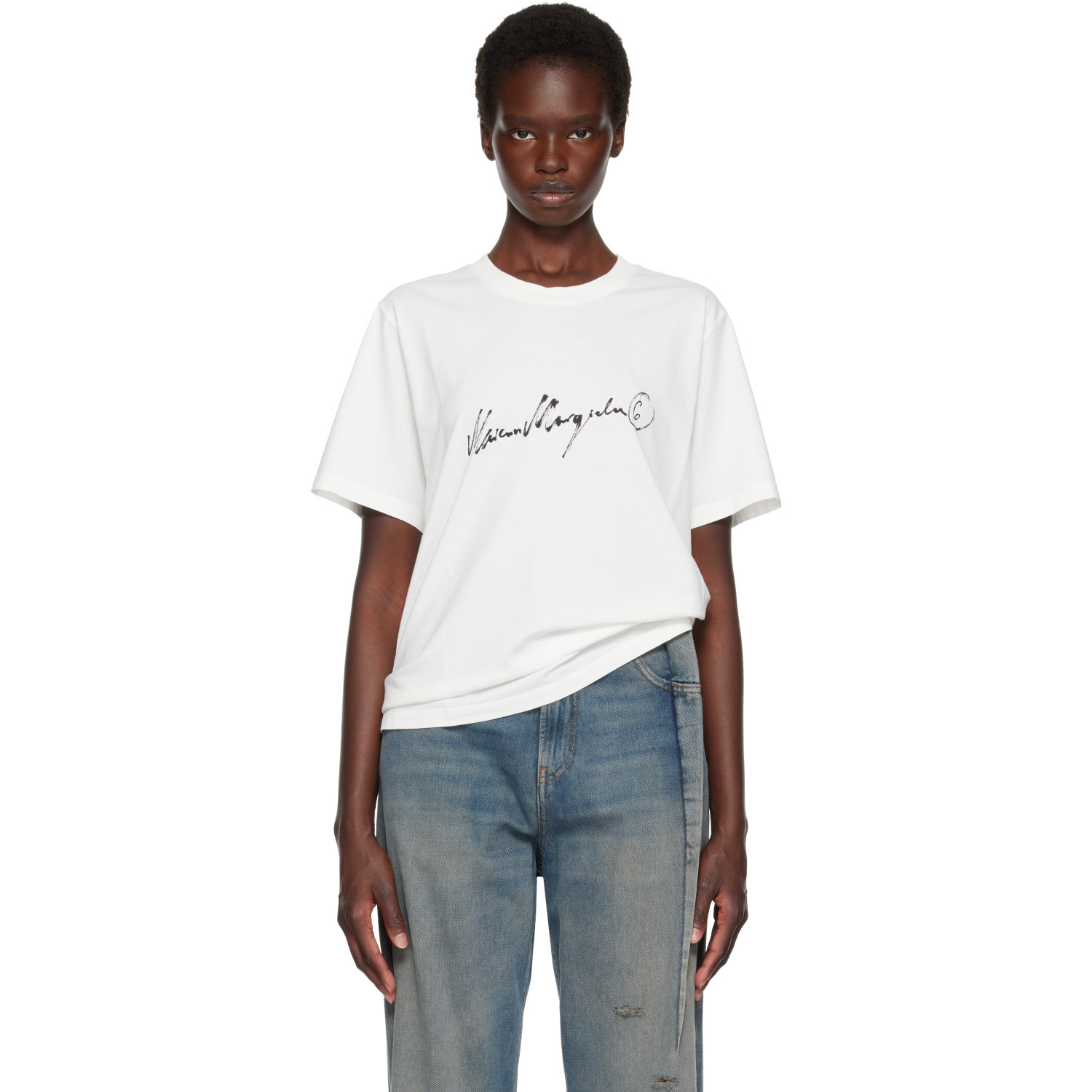 MM6 Maison Margiela Off-White Overdyed Handwritten-Print T-shirt