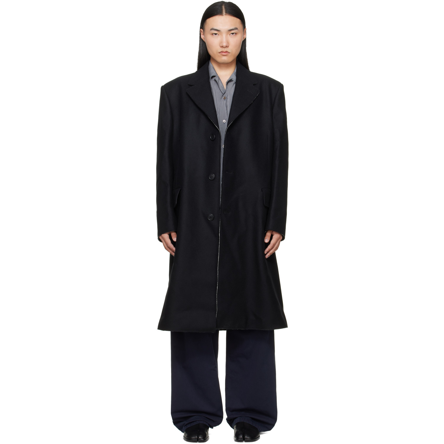 MM6 Maison Margiela Black Wool Felt Single-Breasted Coat
