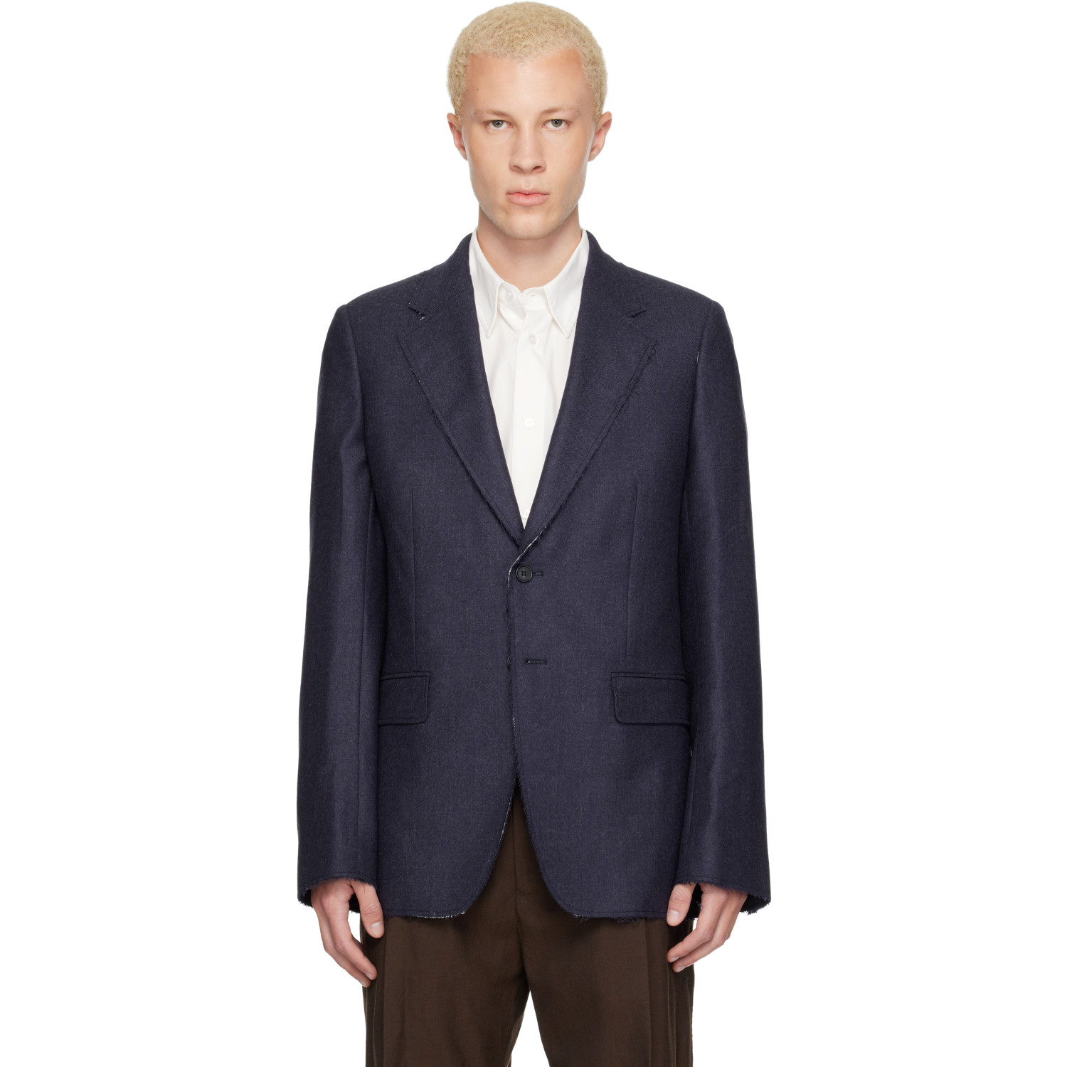 MM6 Maison Margiela Navy Raw Edges Wool Twill Blazer