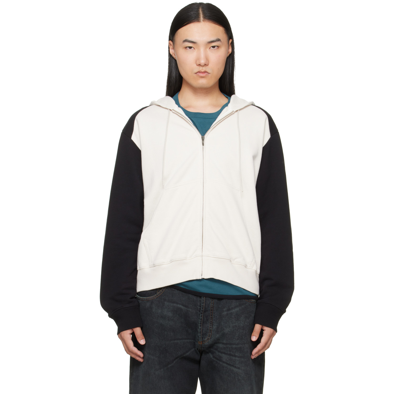 MM6 Maison Margiela Off-White & Black Paneled Zip-Up Hoodie