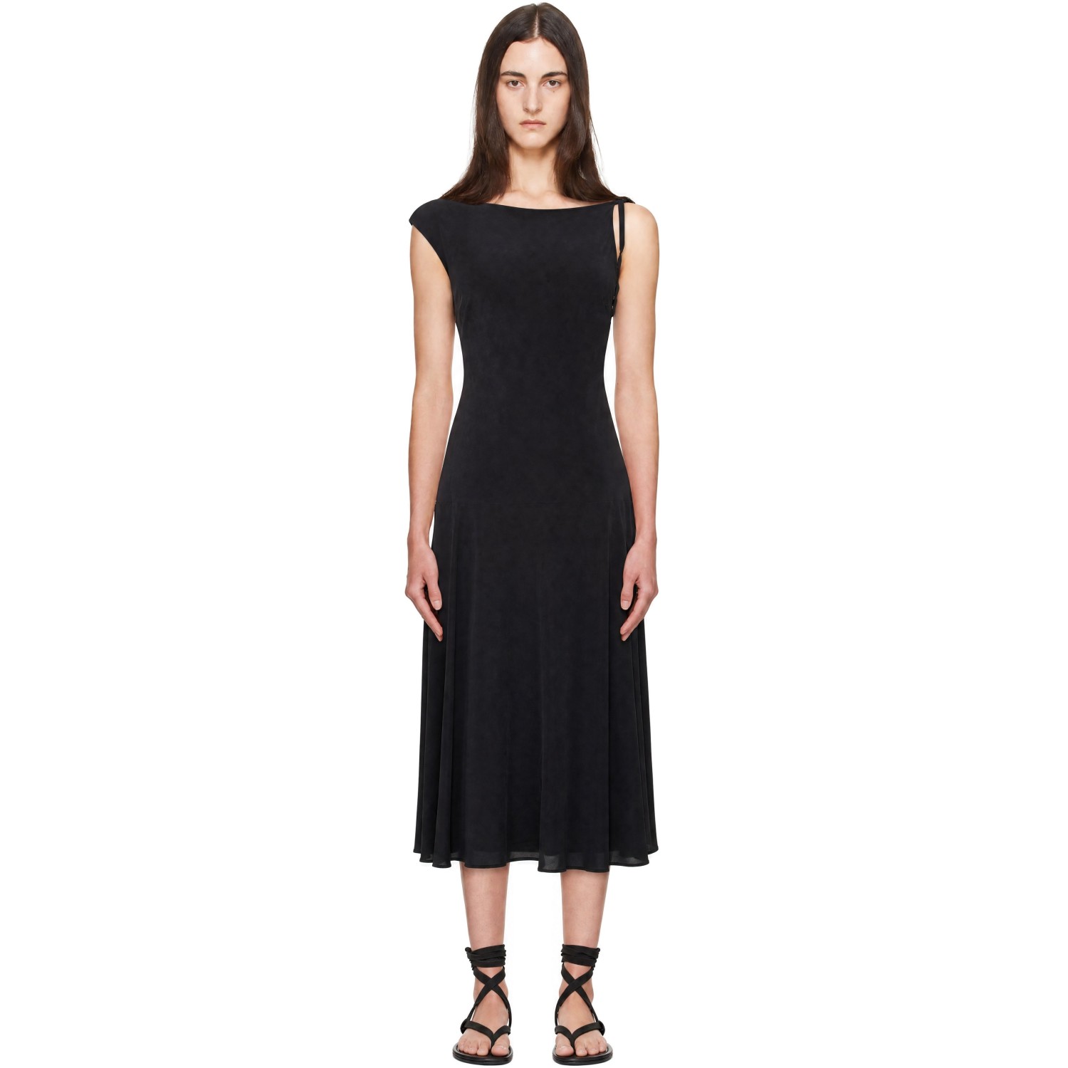 St. Agni Black Silk Drape Back Midi Dress