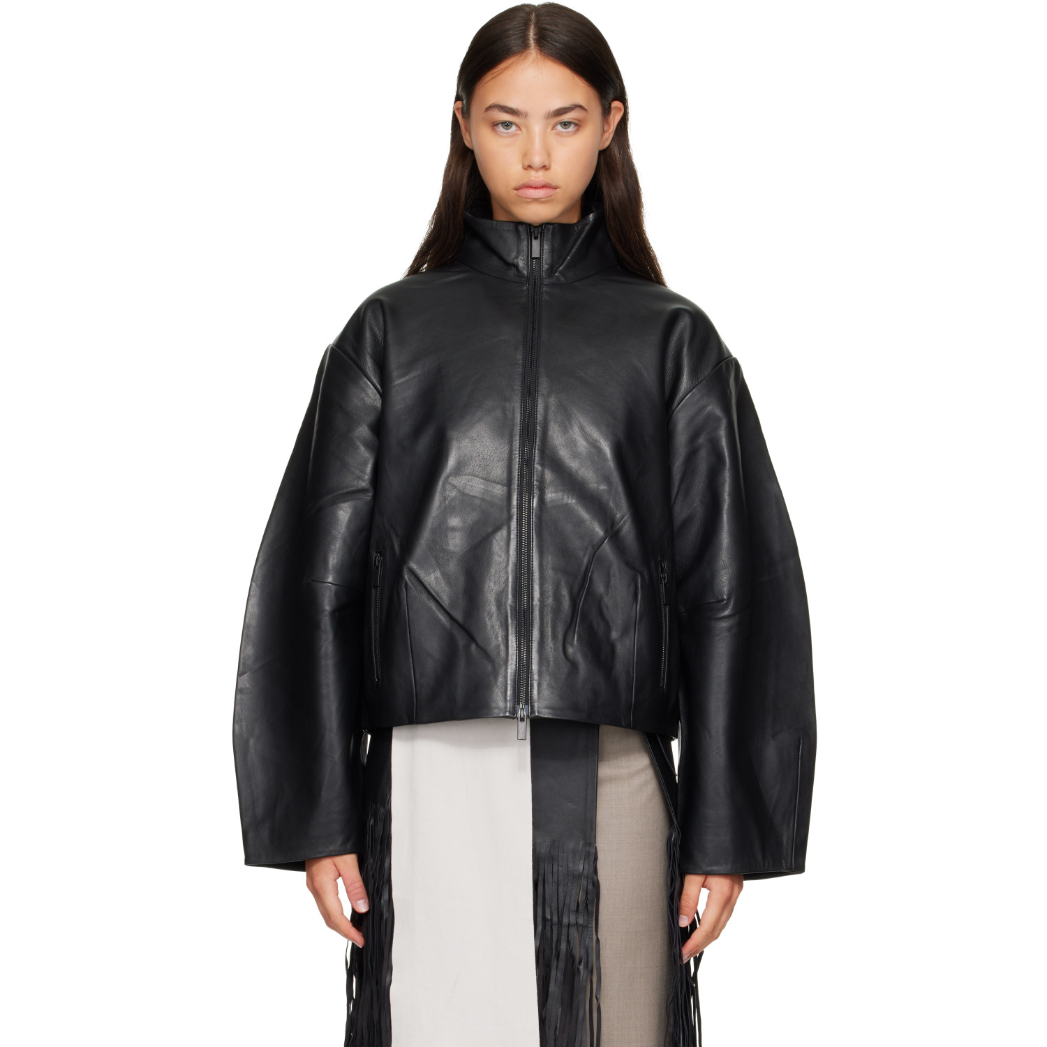 St. Agni Black Cocoon Zip Leather Jacket