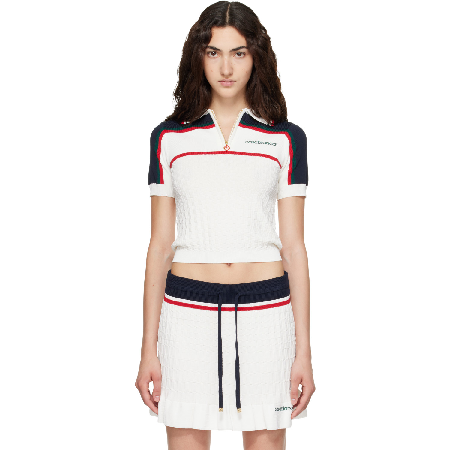 Casablanca Off-White & Navy Knit Tennis Short Sleeve Polo