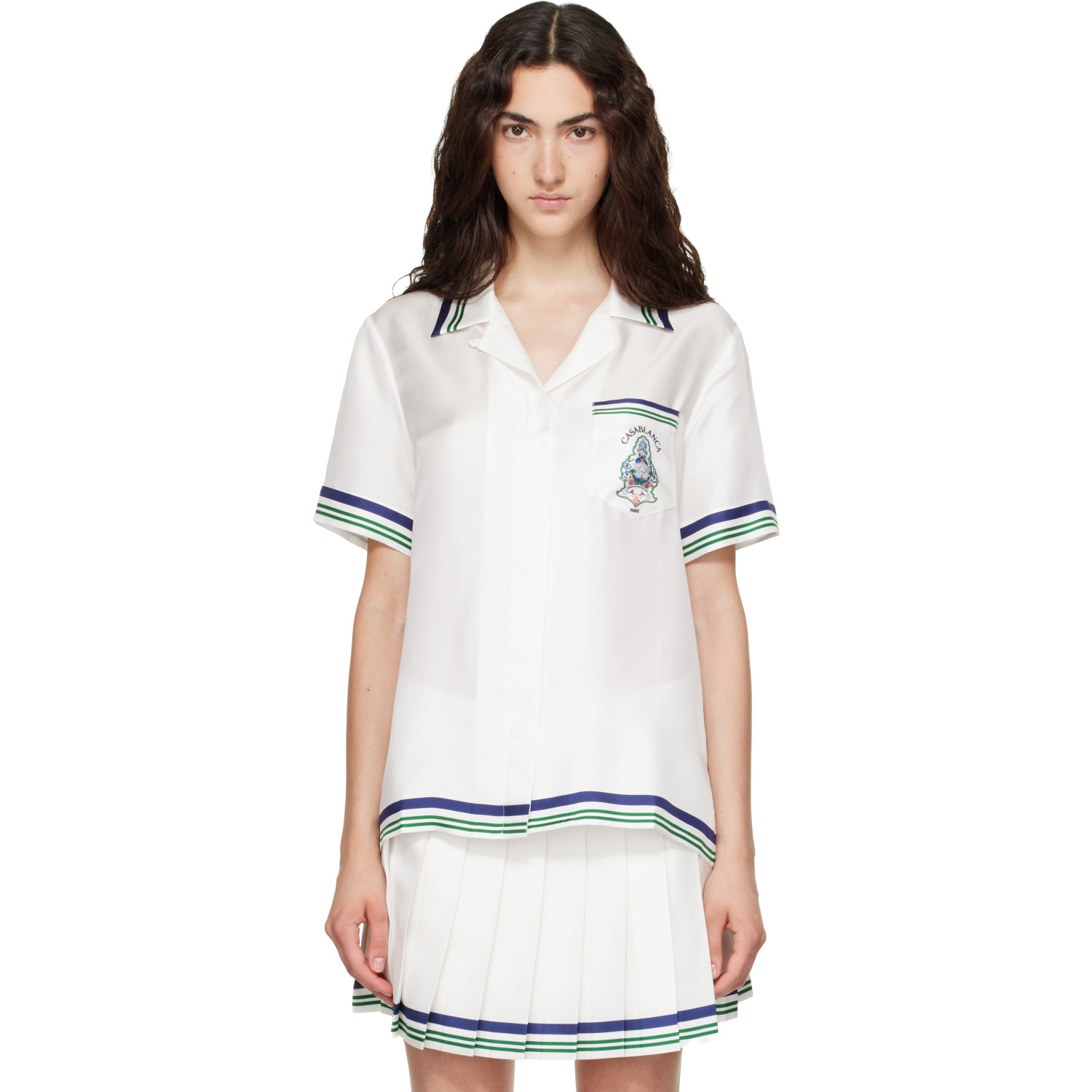 Casablanca White Hotel Emblem Short Sleeve Silk Shirt