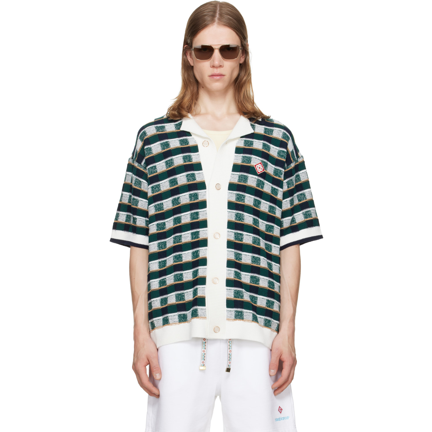 Casablanca White & Green Crochet Mosaic Short Sleeve Shirt