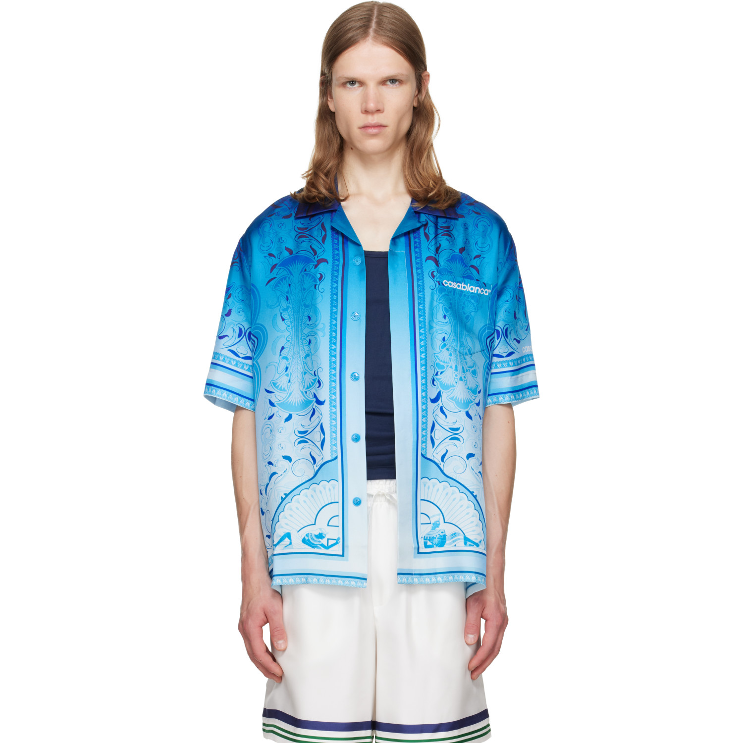 Casablanca Blue Egyptian Rug Camp Collar Short Sleeve Shirt