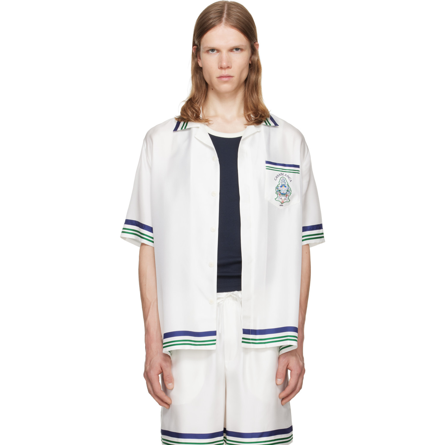 Casablanca White Hotel Emblem Short Sleeve Silk Shirt