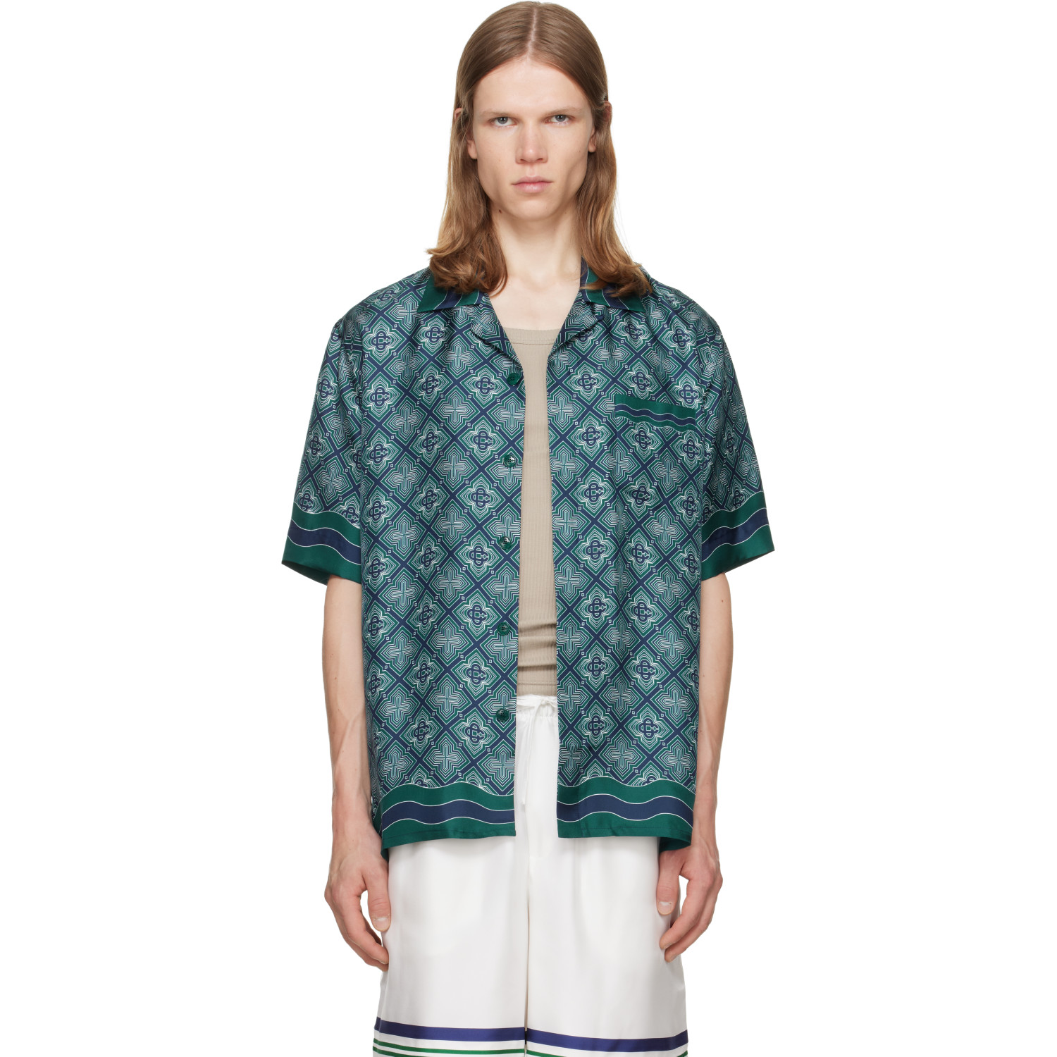 Casablanca Green Radiating Monogram Short Sleeve Silk Shirt