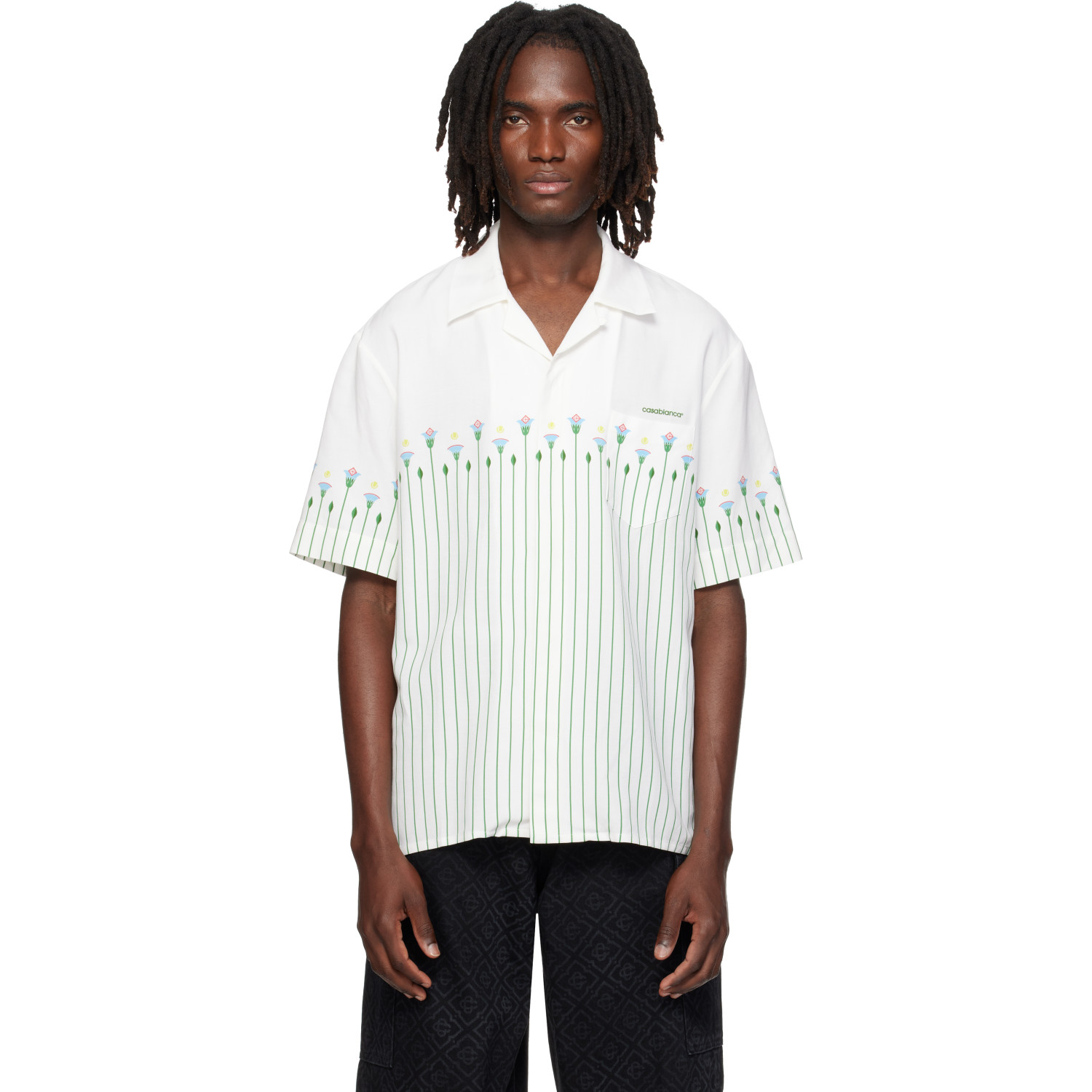 Casablanca White Linen Floral Stripe Sporty Short Sleeve Shirt