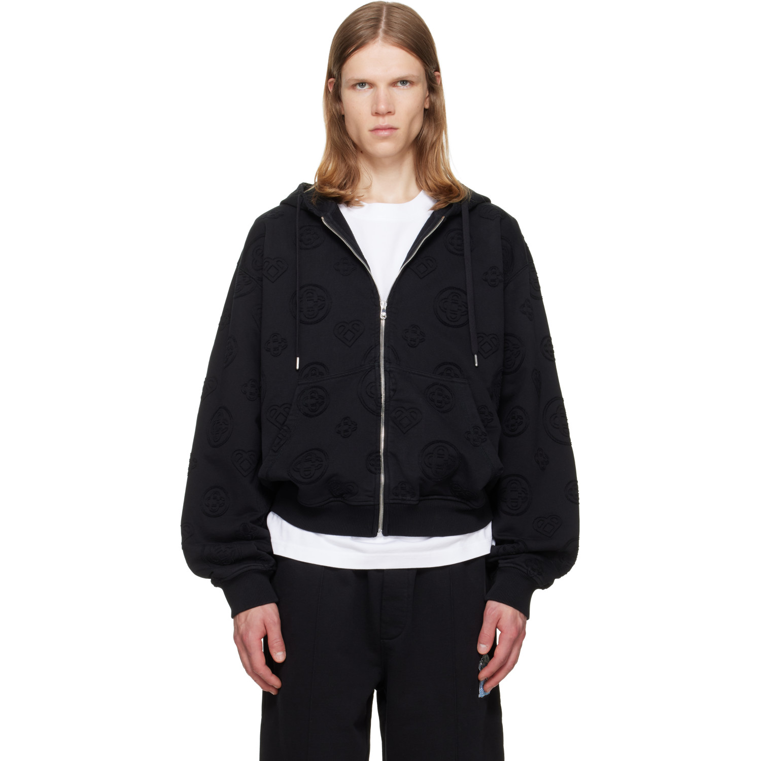 Casablanca Black Applique Monogram Zip‑Up Hoodie