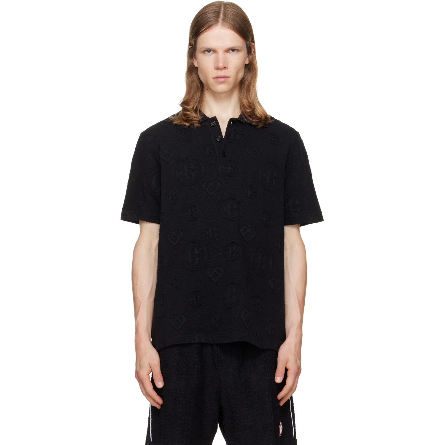 Casablanca Black Applique Monogram Short Sleeve Polo