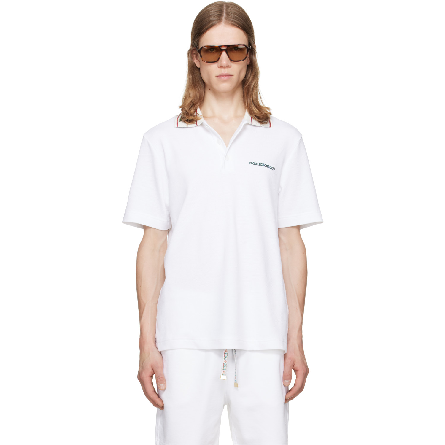 Casablanca White Laurel Pique Short Sleeve Polo