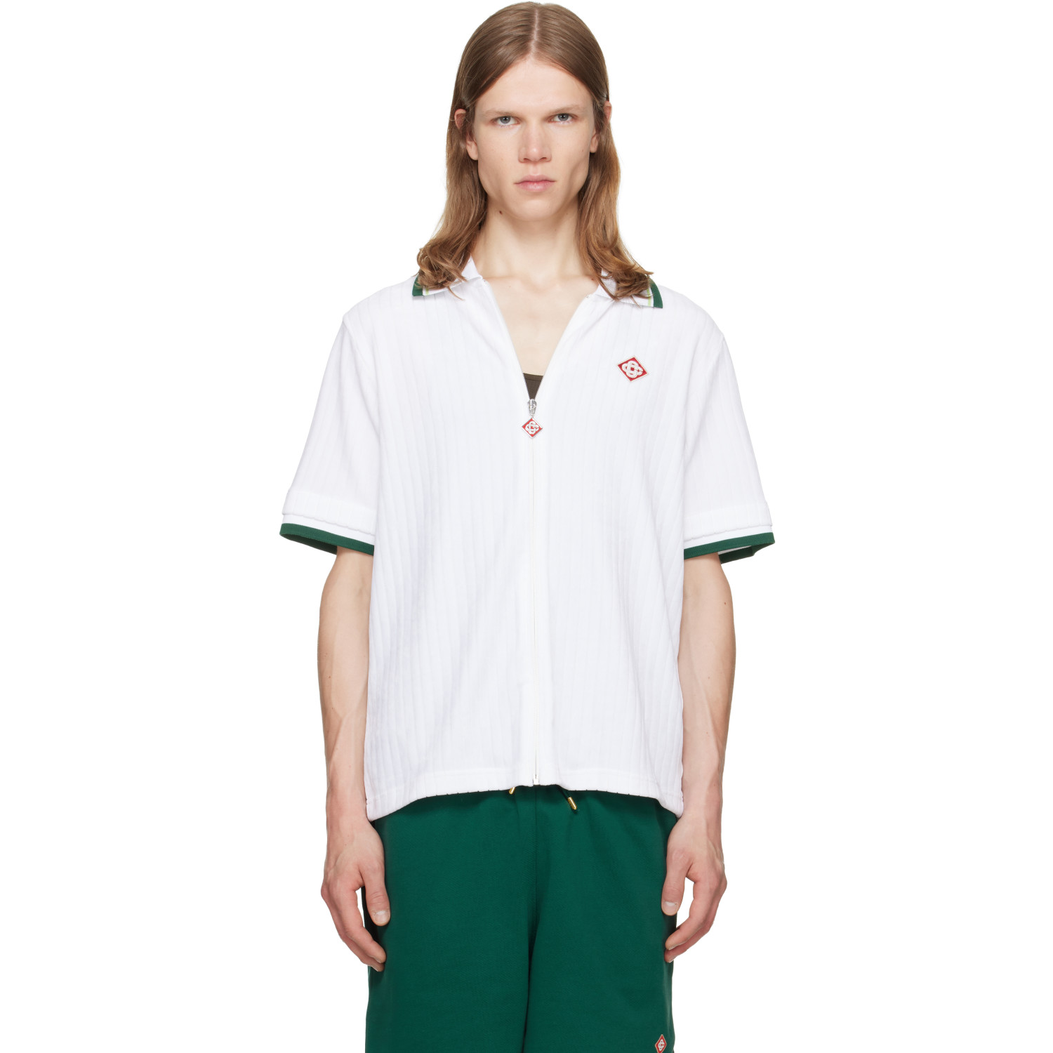 Casablanca White Striped Velour Zip‑Up Short Sleeve Shirt