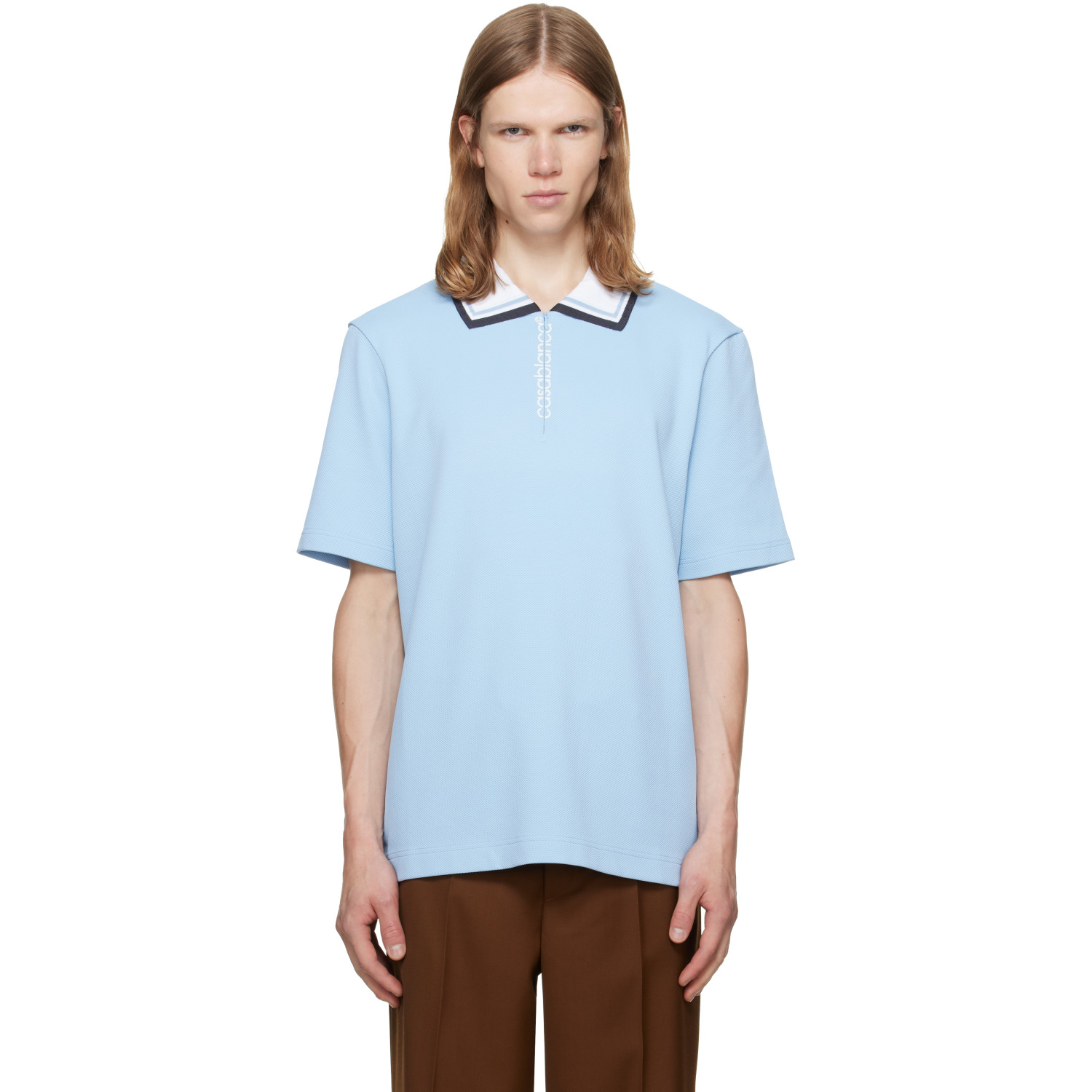 Casablanca Blue Round Pique Zip Polo