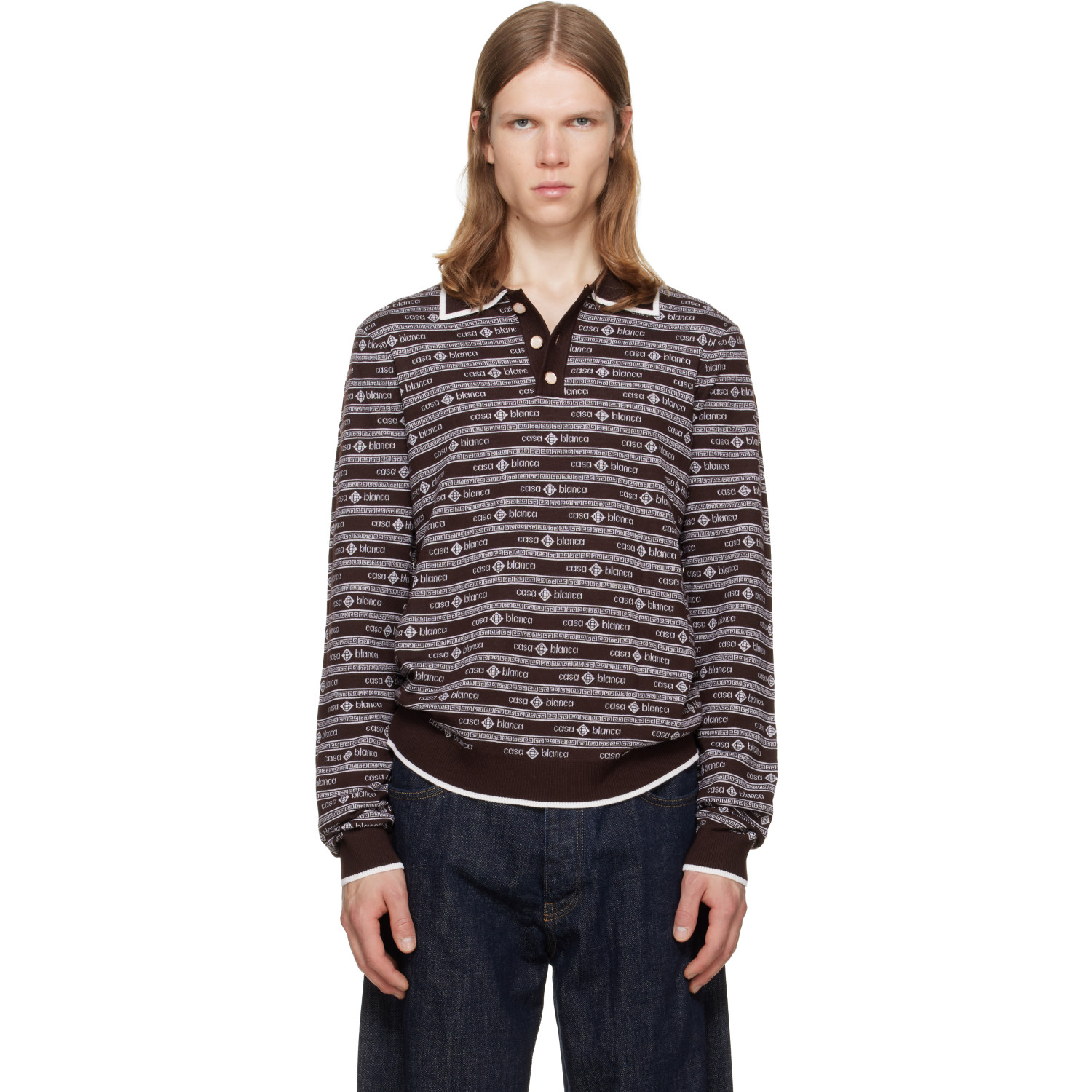 Casablanca Brown Knit Logo Long Sleeve Polo