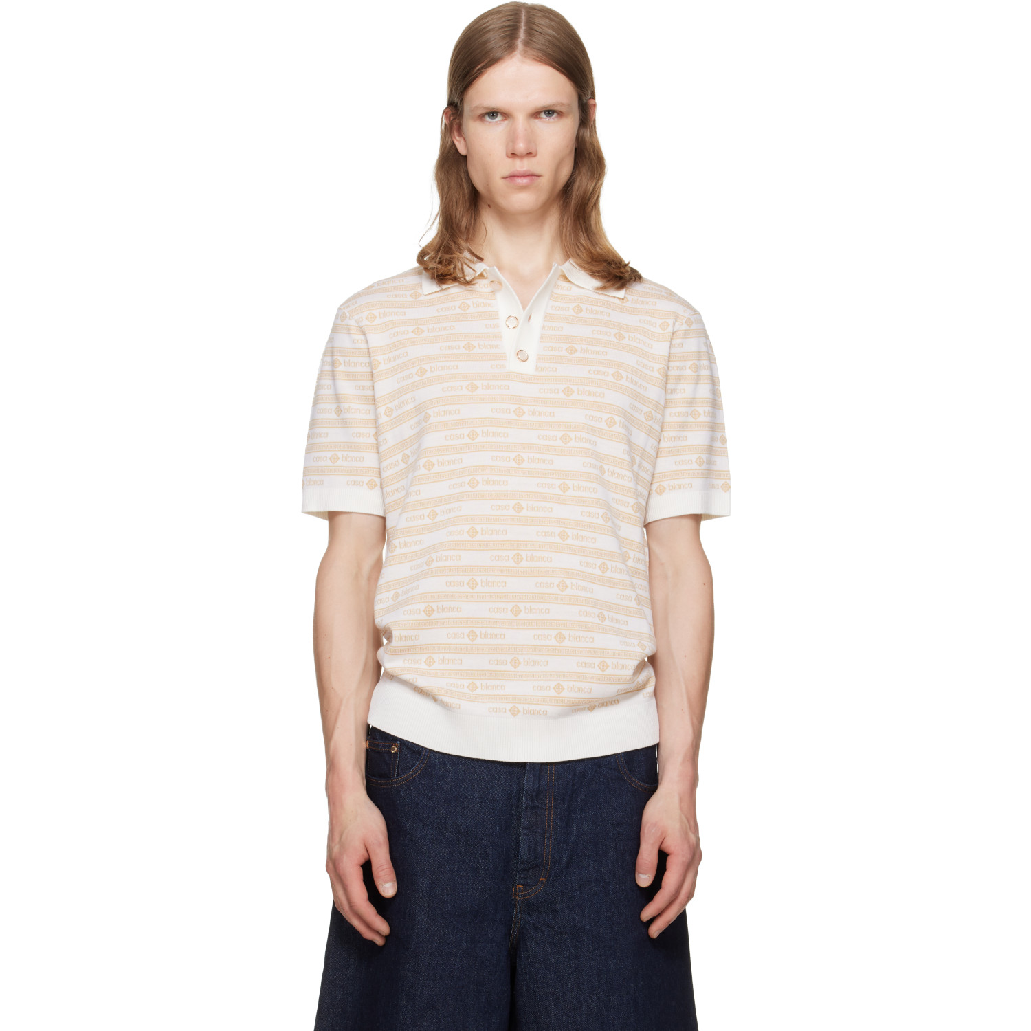 Casablanca Off-White Knit Logo Short Sleeve Polo