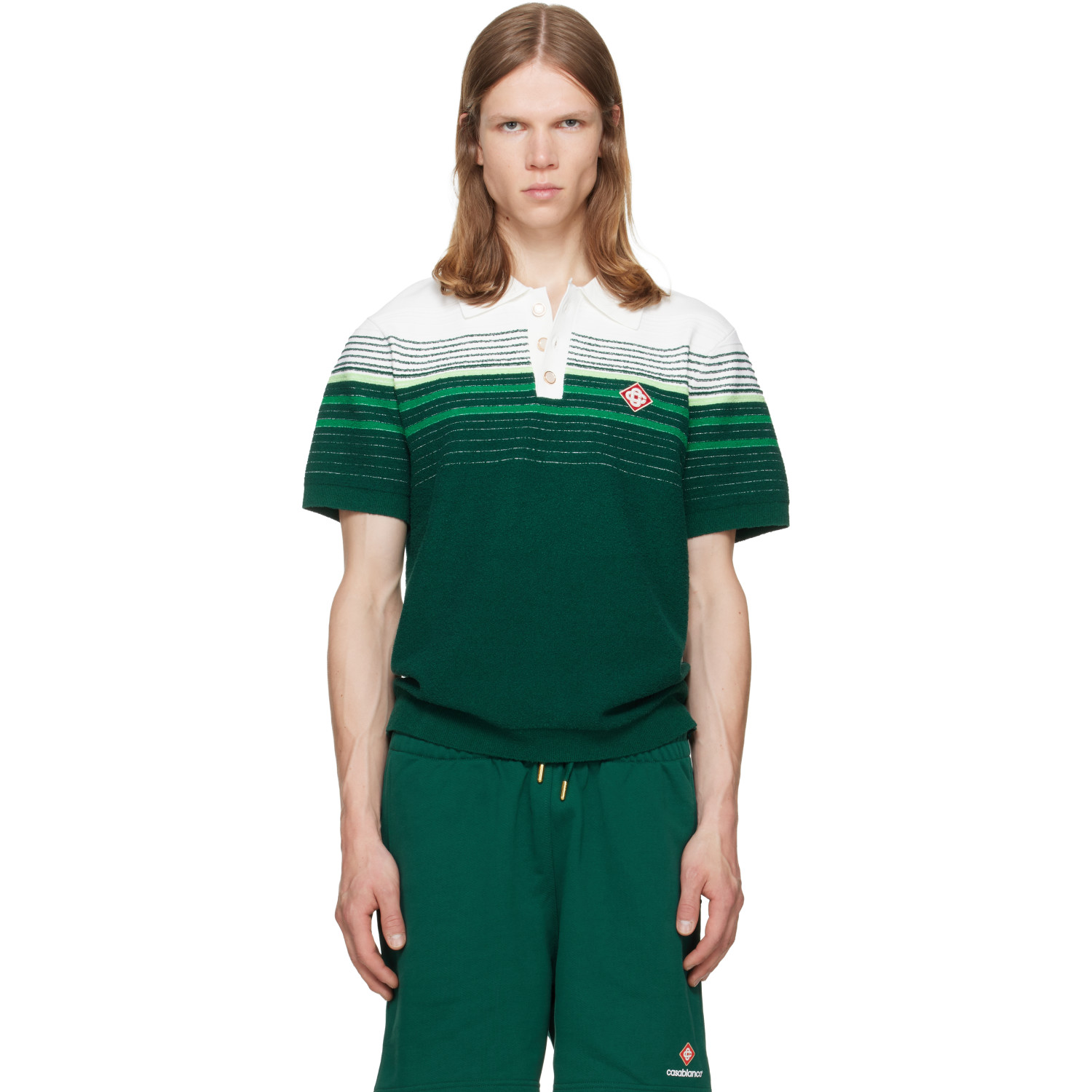 Casablanca Green Boucle Stripe Short Sleeve Polo