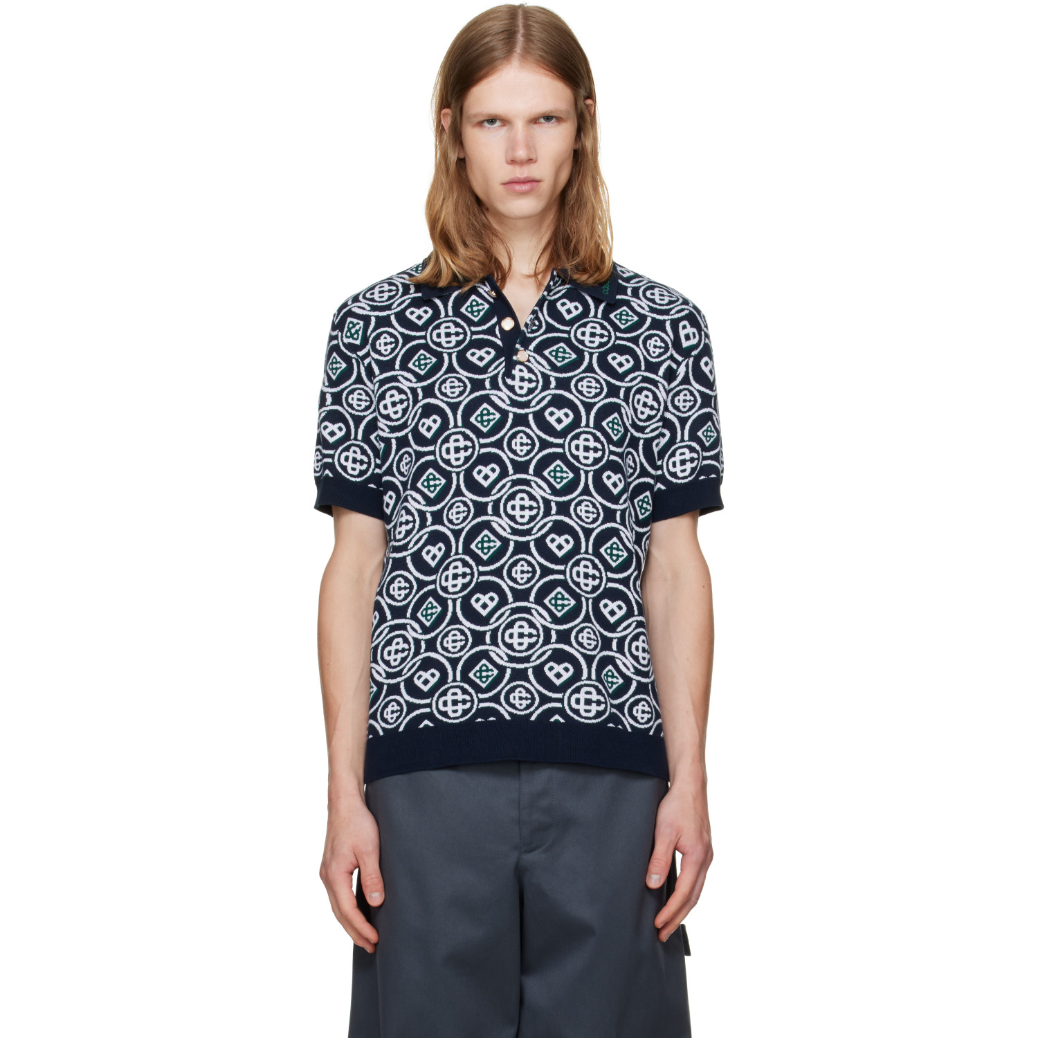 Casablanca Black Icon Monogram Short Sleeve Polo
