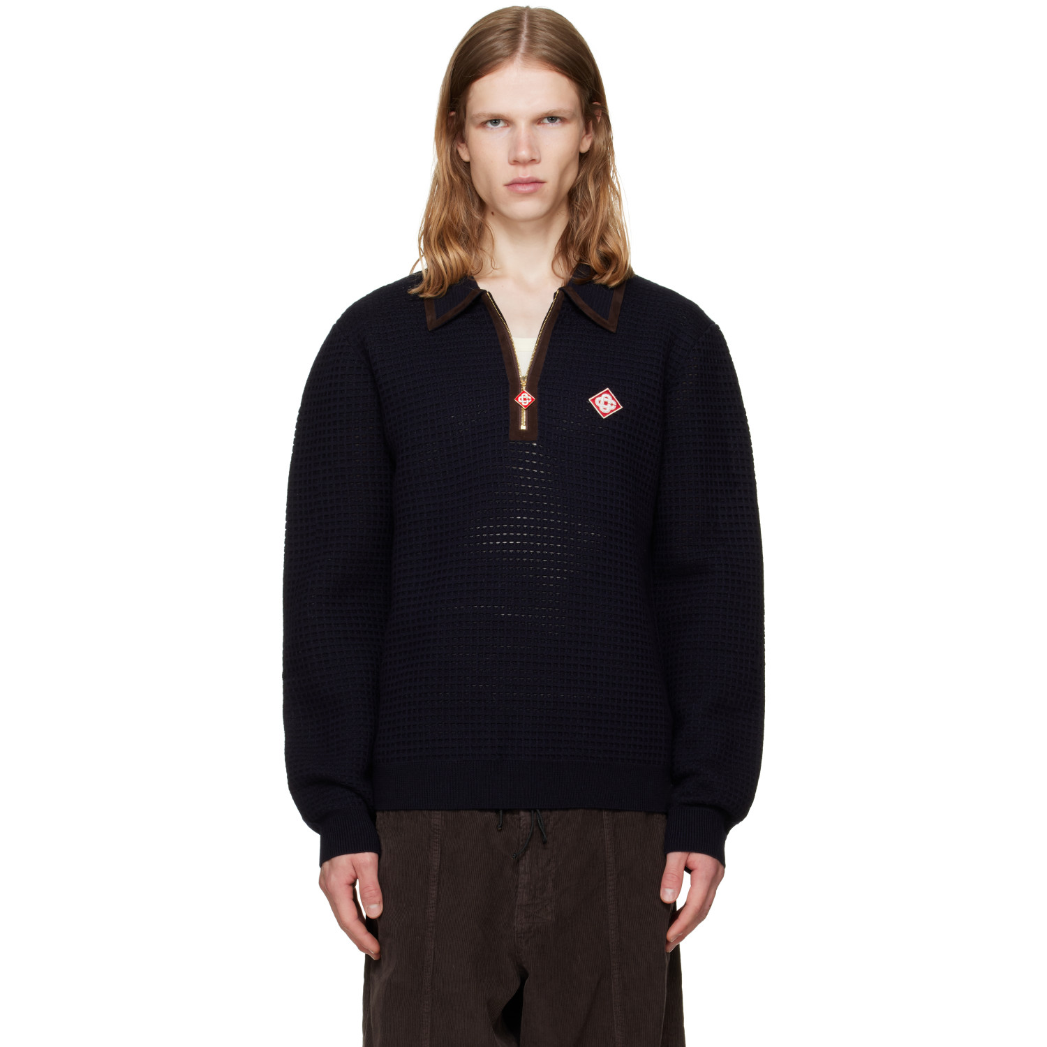 Casablanca Navy Wool Waffle Stitch Long Sleeve Polo