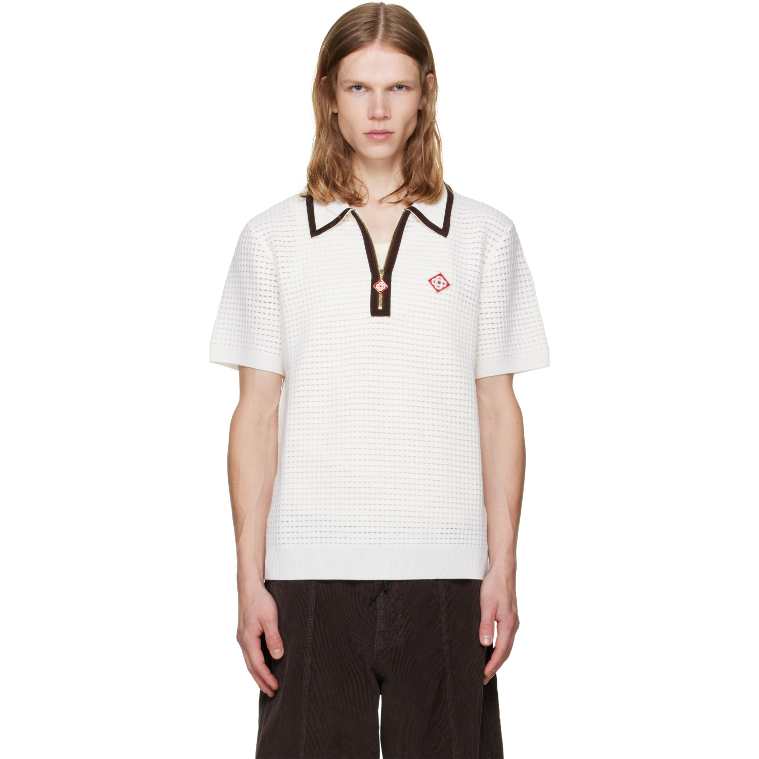 Casablanca White Wool Waffle Stitch Short Sleeve Polo