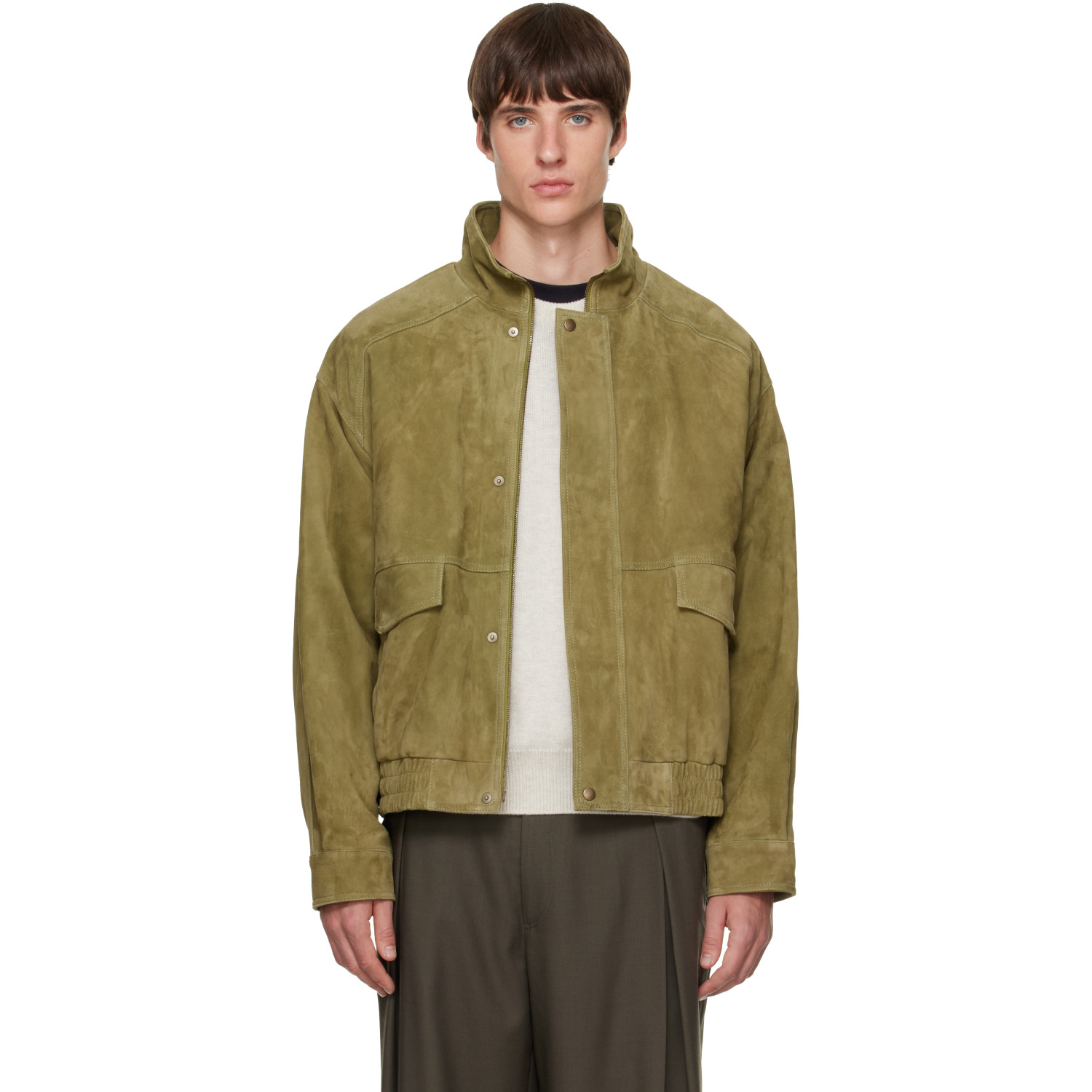 Solid Homme Green Band-Neck Suede Jacket