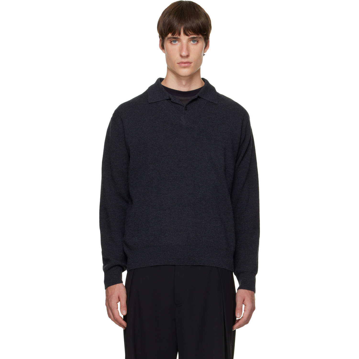 Solid Homme Gray Spread Collar Wool Polo