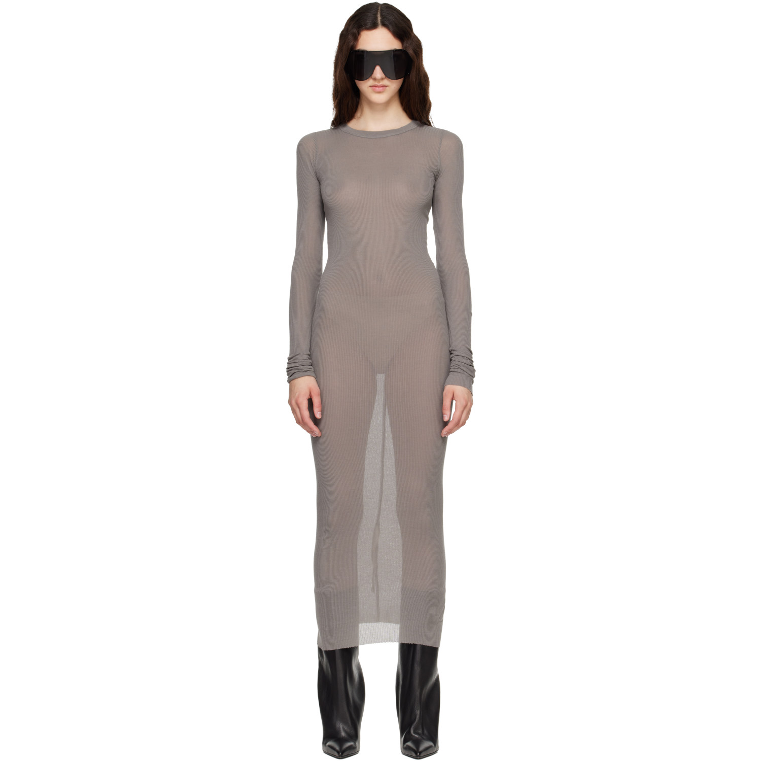 Rick Owens Taupe Tower Rib LS Midi Dress