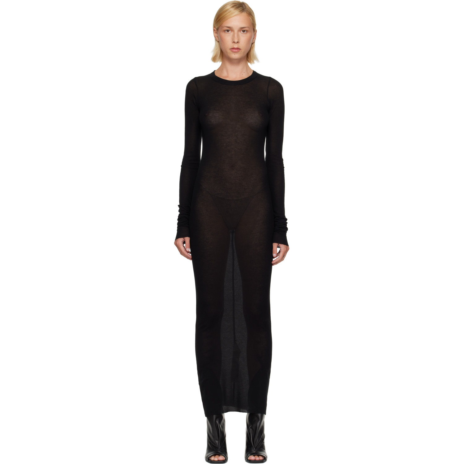 Rick Owens Black Tower Rib LS Midi Dress