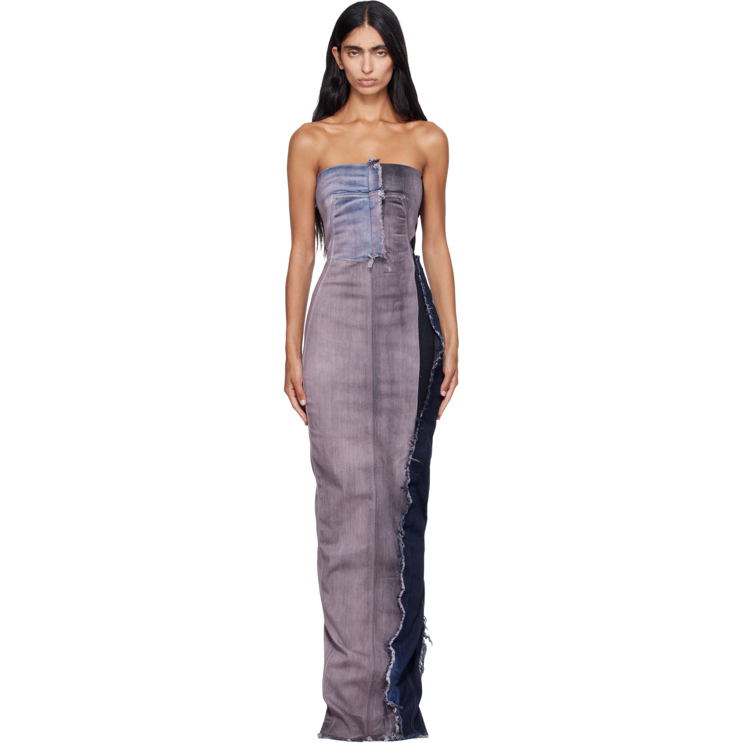 Rick Owens Pink & Navy Tower Bustier Denim Maxi Dress