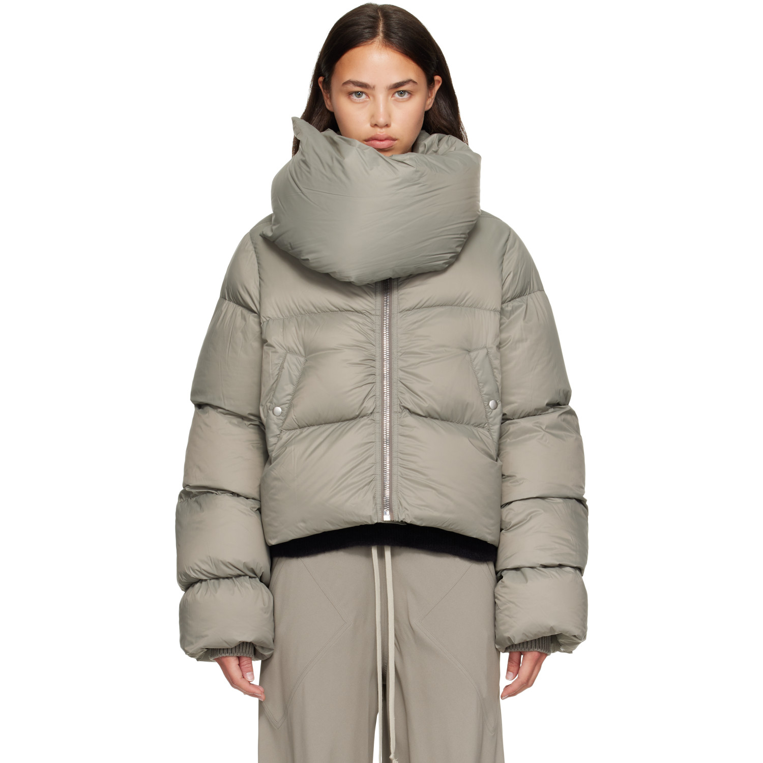 Rick Owens Gray Tower Funnel Neck Down Jacket