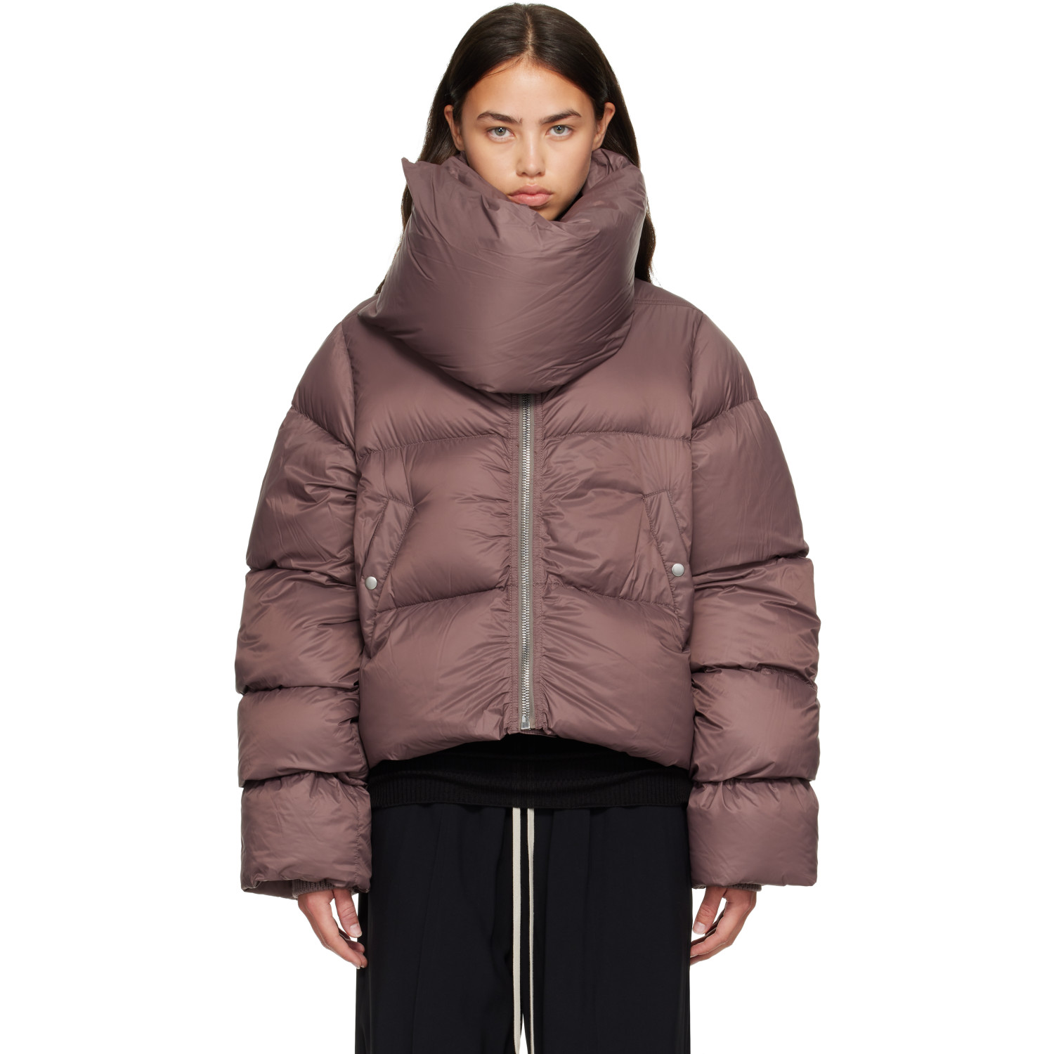 Rick Owens Burgundy Tower Funnel Neck Down Jacket