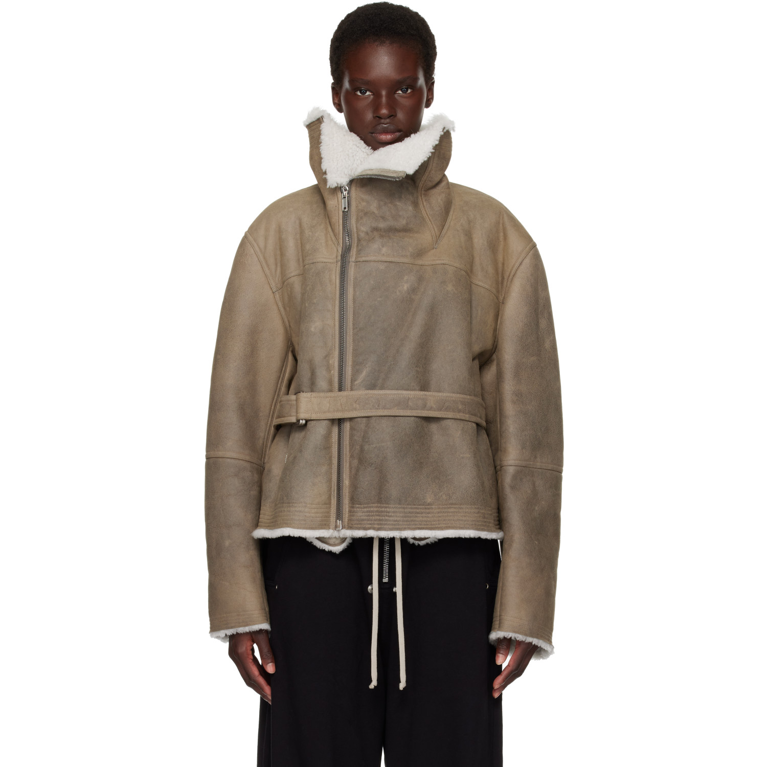 Rick Owens Gray Tower Shearling Cropped Flight Jacket