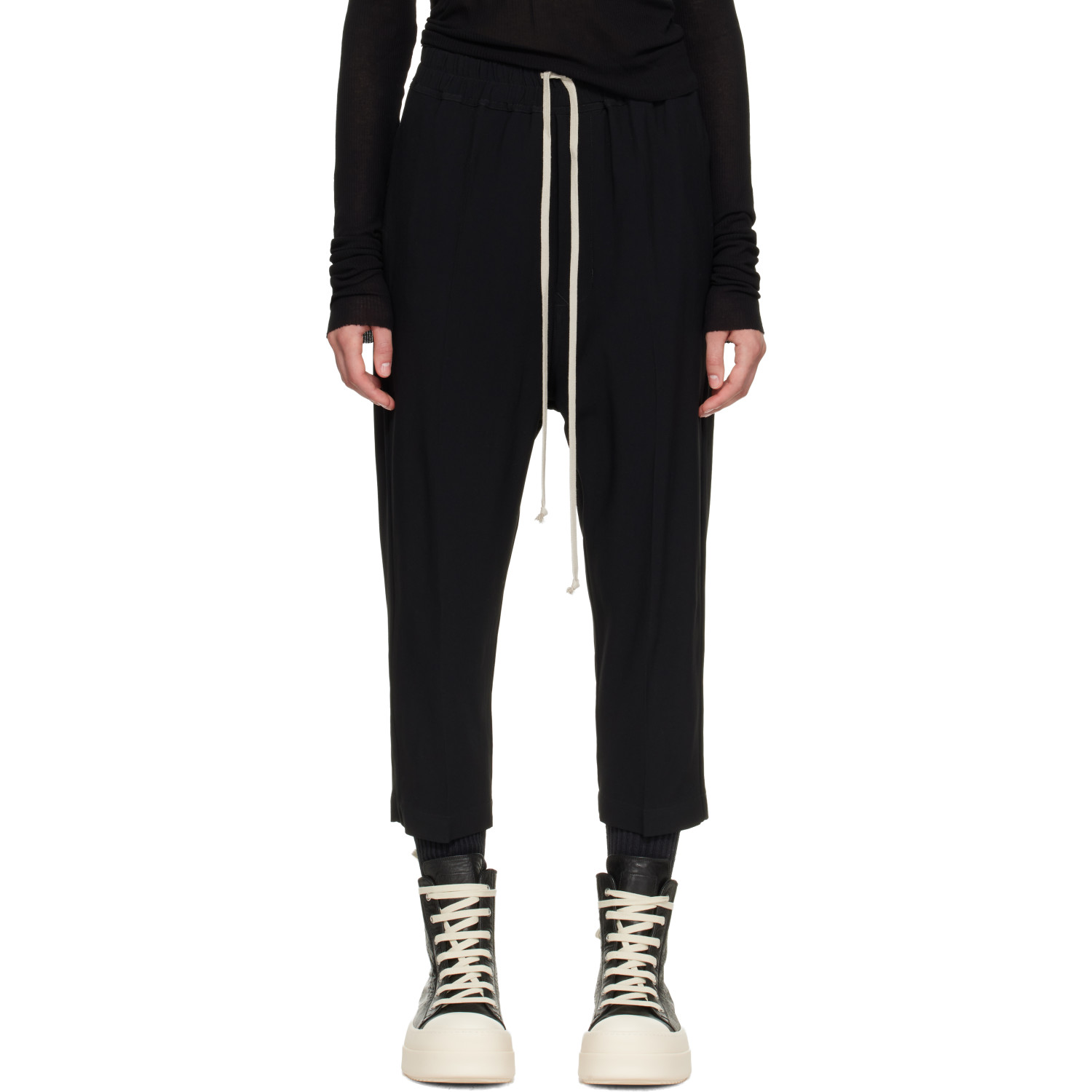Rick Owens Black Drawstring Astaires Cropped Trousers
