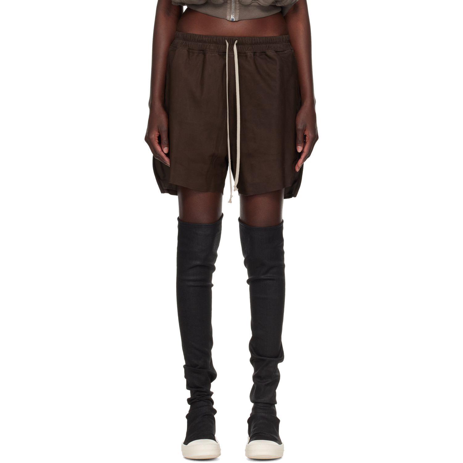 Rick Owens Brown Tower Boxers Leather Shorts