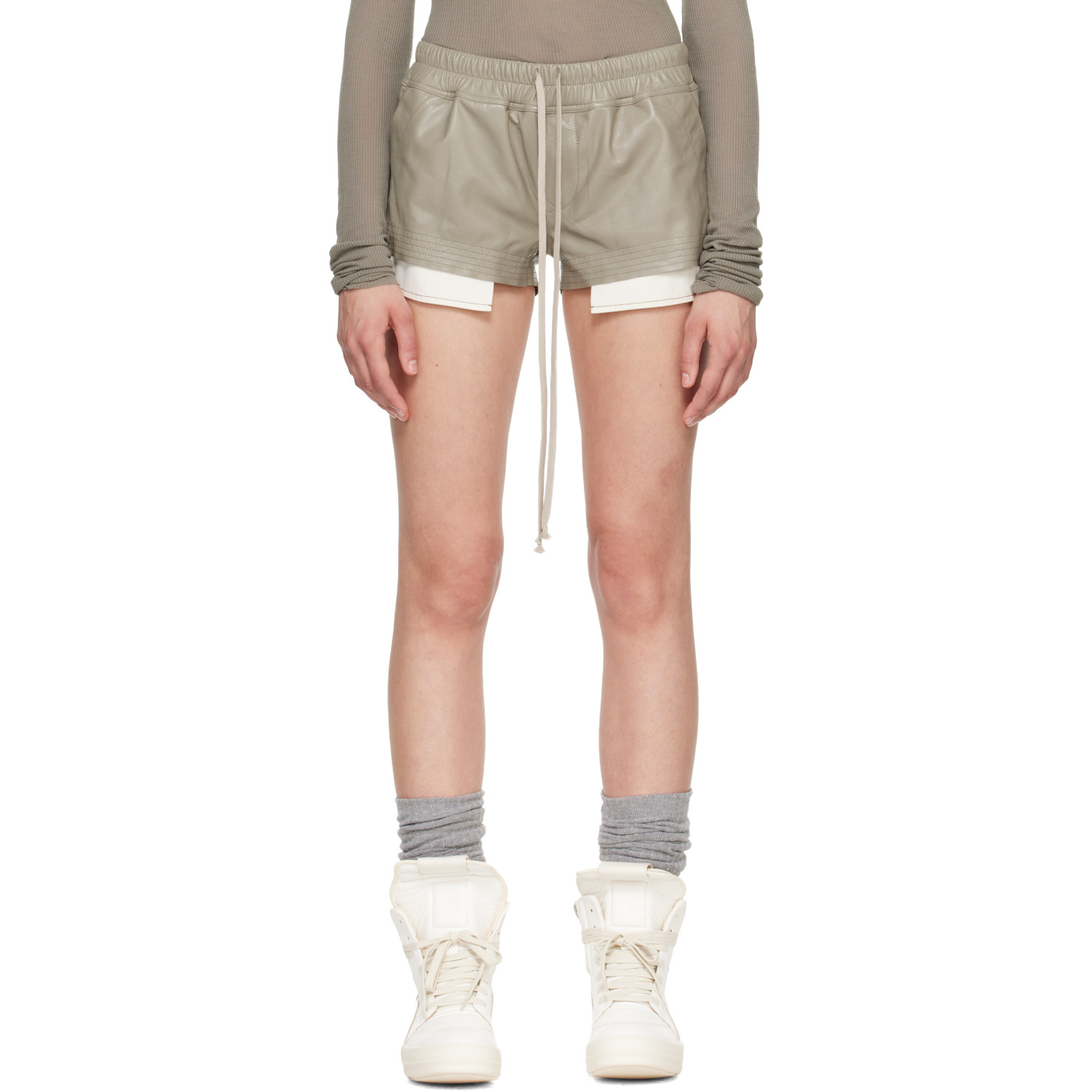 Rick Owens Taupe Tower Fog Boxer Leather Shorts