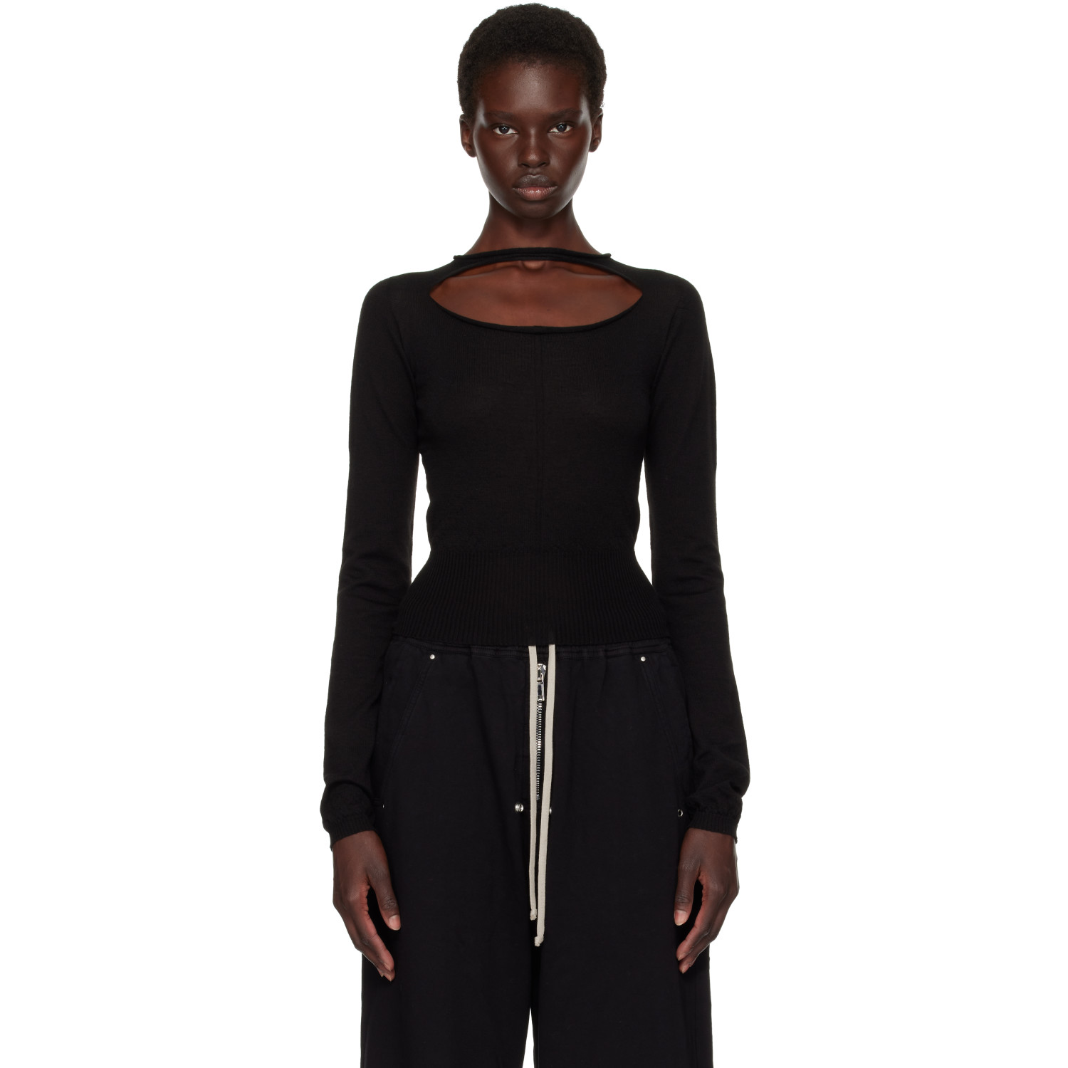Rick Owens Black Tower Slashed Cropped Pull Sweater