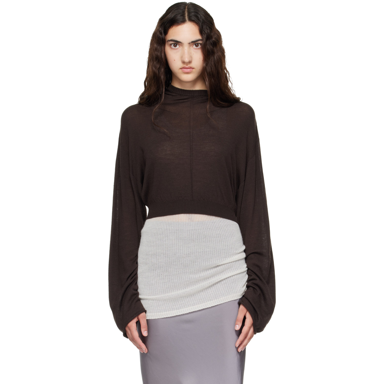 Rick Owens Brown Tower Cropped Tunic Hoodie